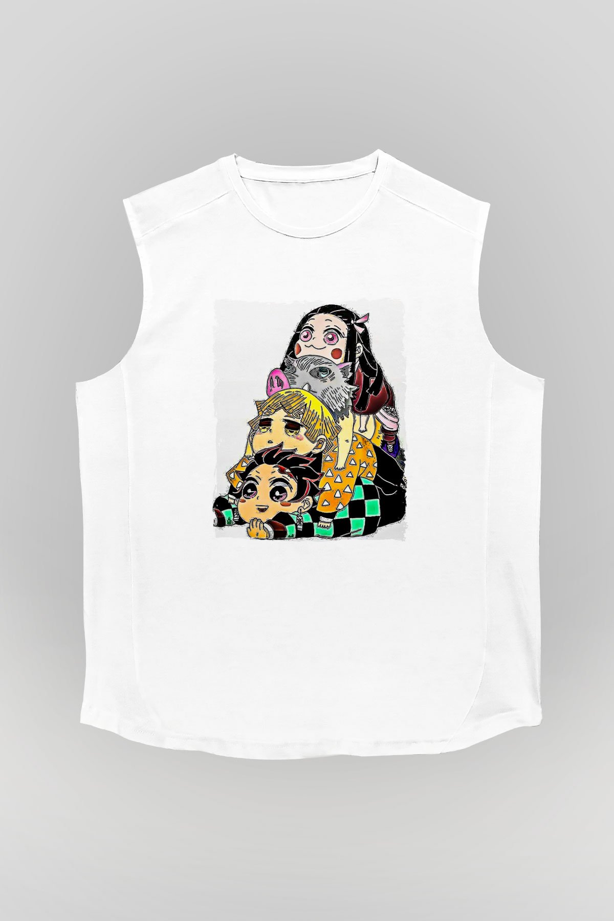 Demon Slayer Baskılı Beyaz Unisex Kolsuz Tişört - Tshirt
