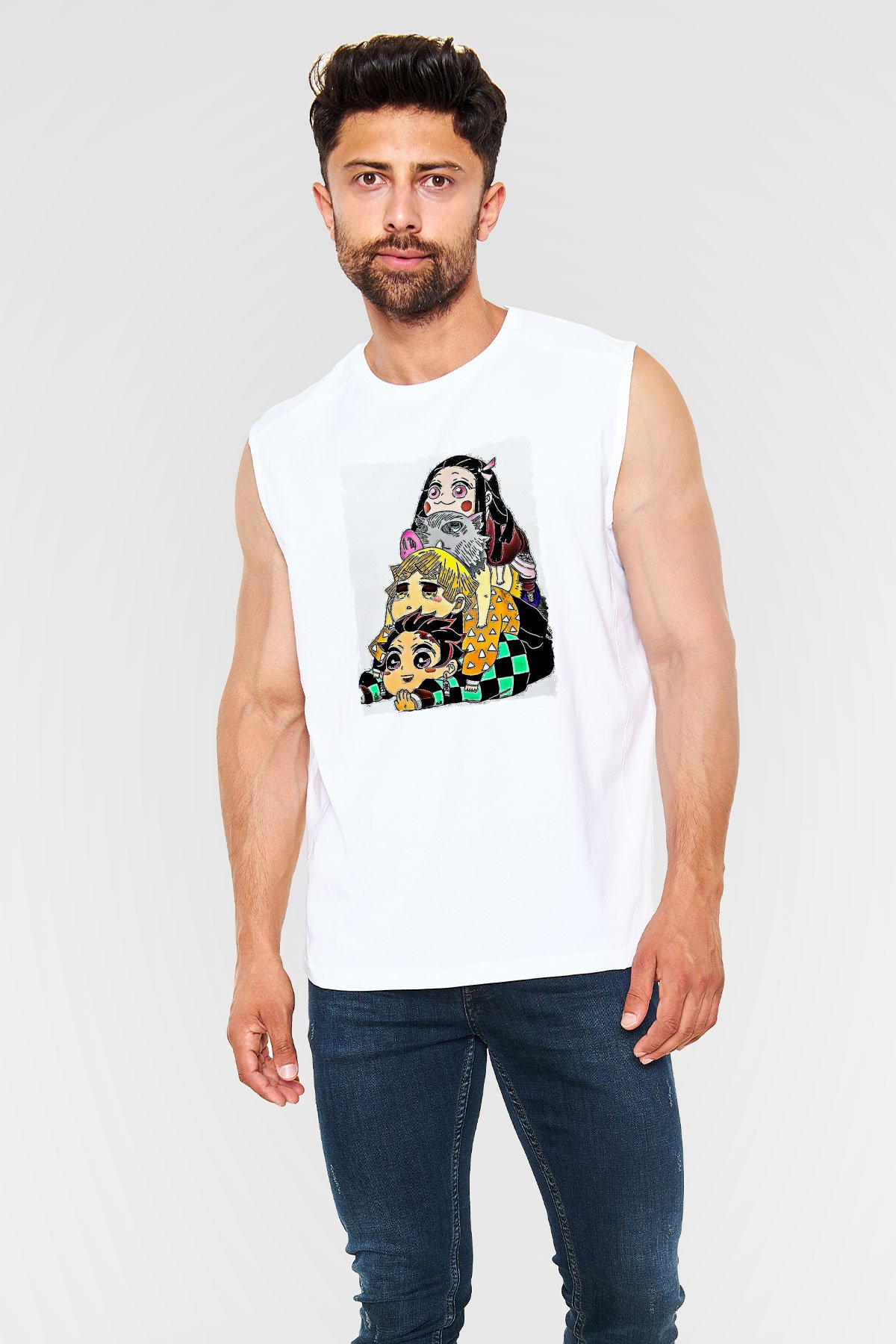 Demon Slayer Baskılı Beyaz Unisex Kolsuz Tişört - Tshirt