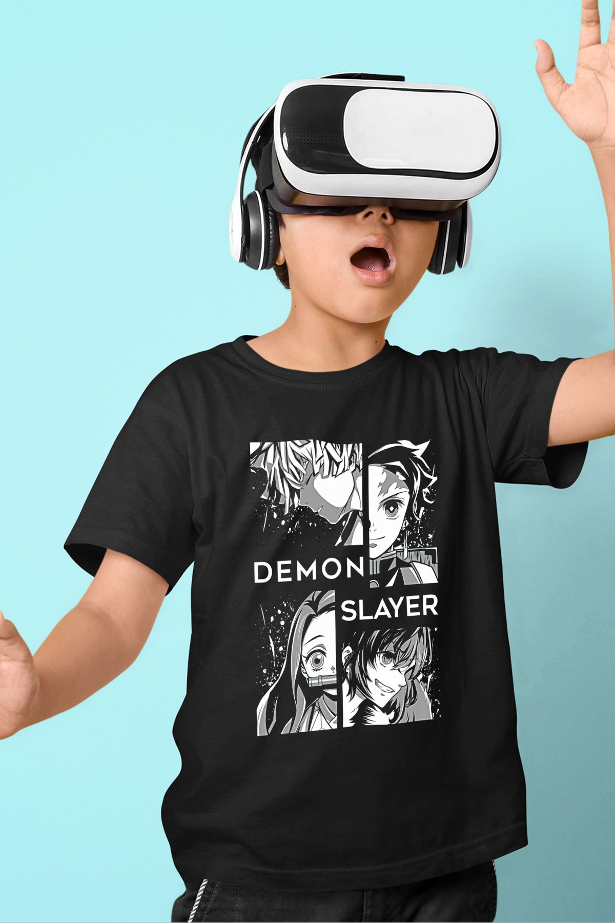 Demon Slayer Baskılı Unisex Siyah Çocuk Tişört - Tshirt