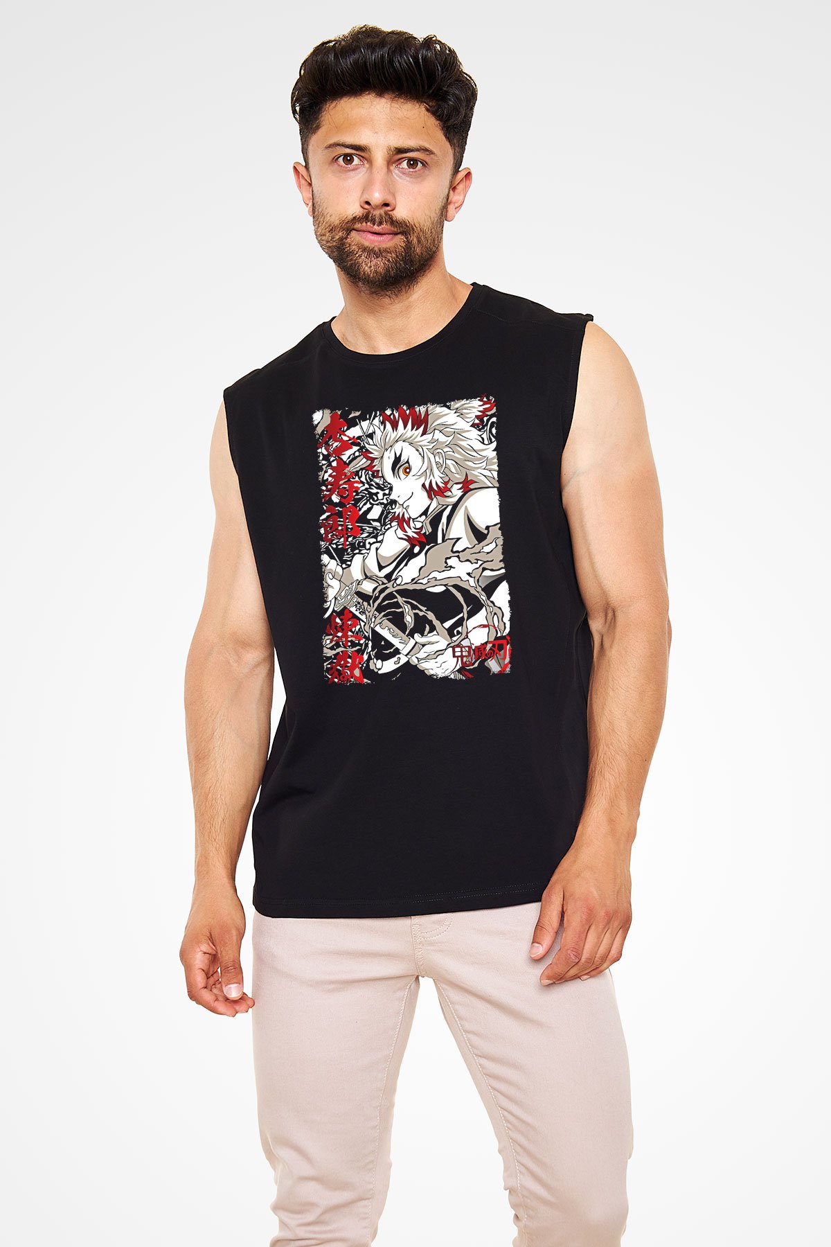 Demon Slayer Baskılı Unisex Siyah Kolsuz Tişört - Tshirt