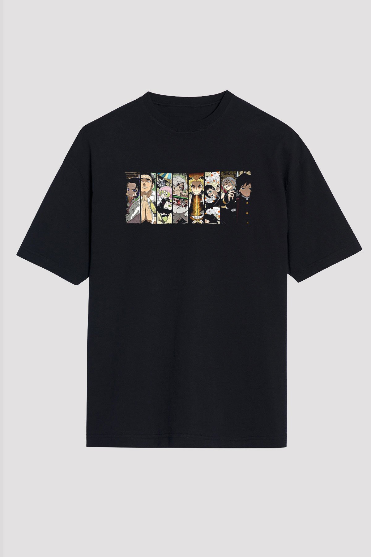 Demon Slayer Baskılı Unisex Siyah Oversize Tişört - Tshirt