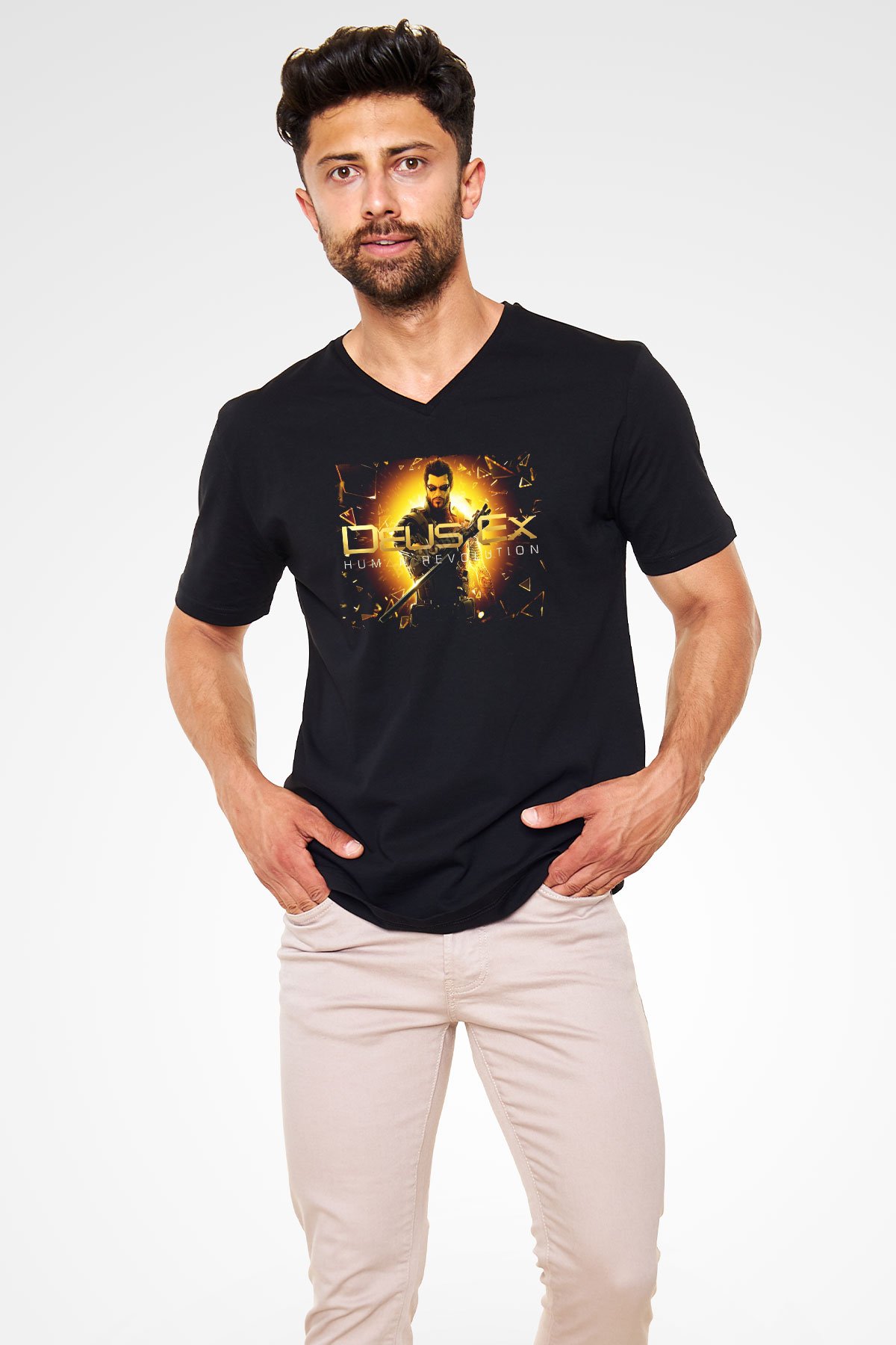 Deus Ex Siyah Unisex V Yaka Tişört