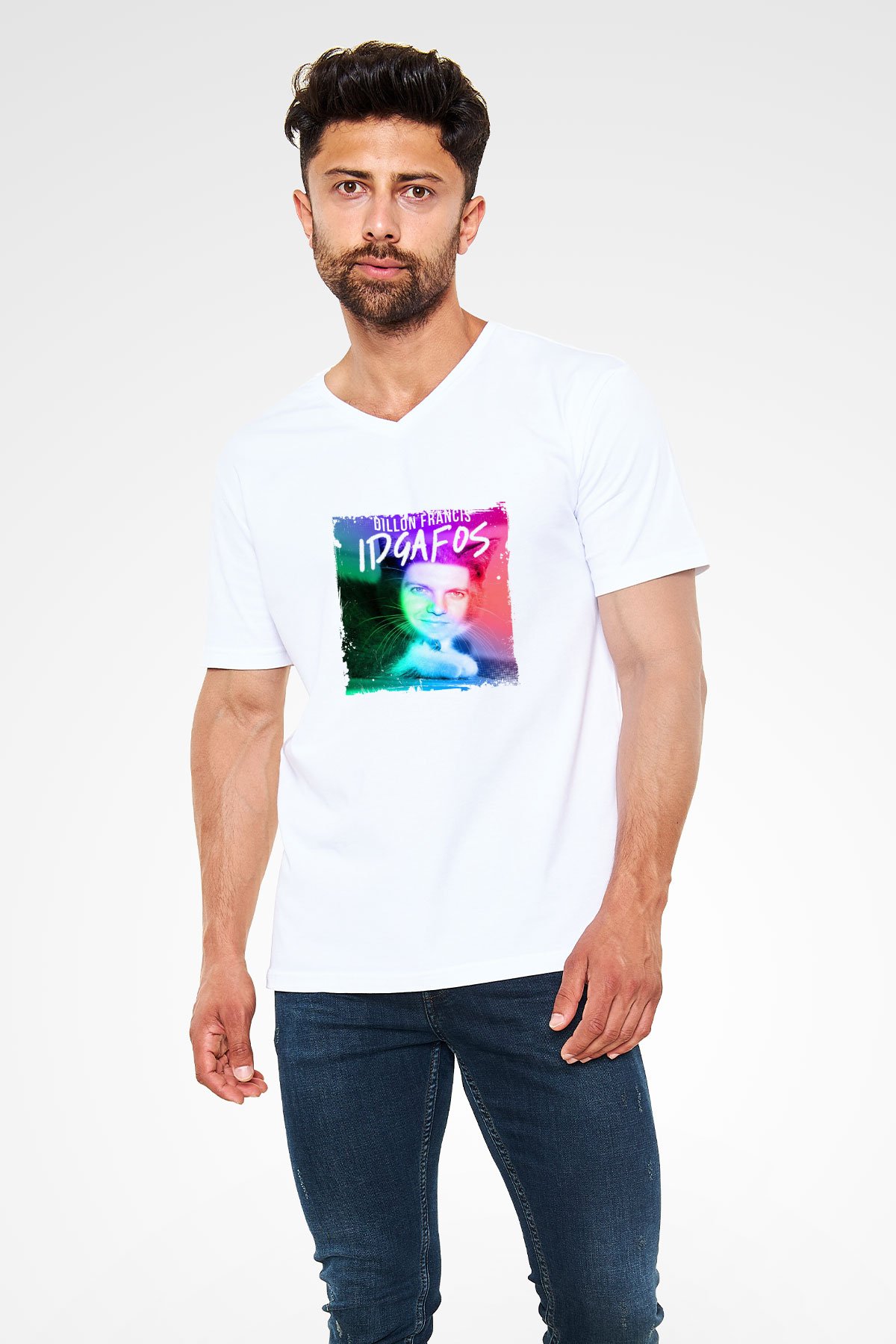 Dillon Francis Baskılı Beyaz V Yaka Unisex Tişört