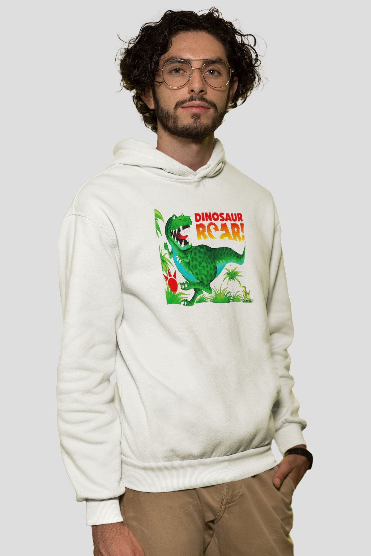Dinozor Beyaz Unisex Kapşonlu Sweatshirt