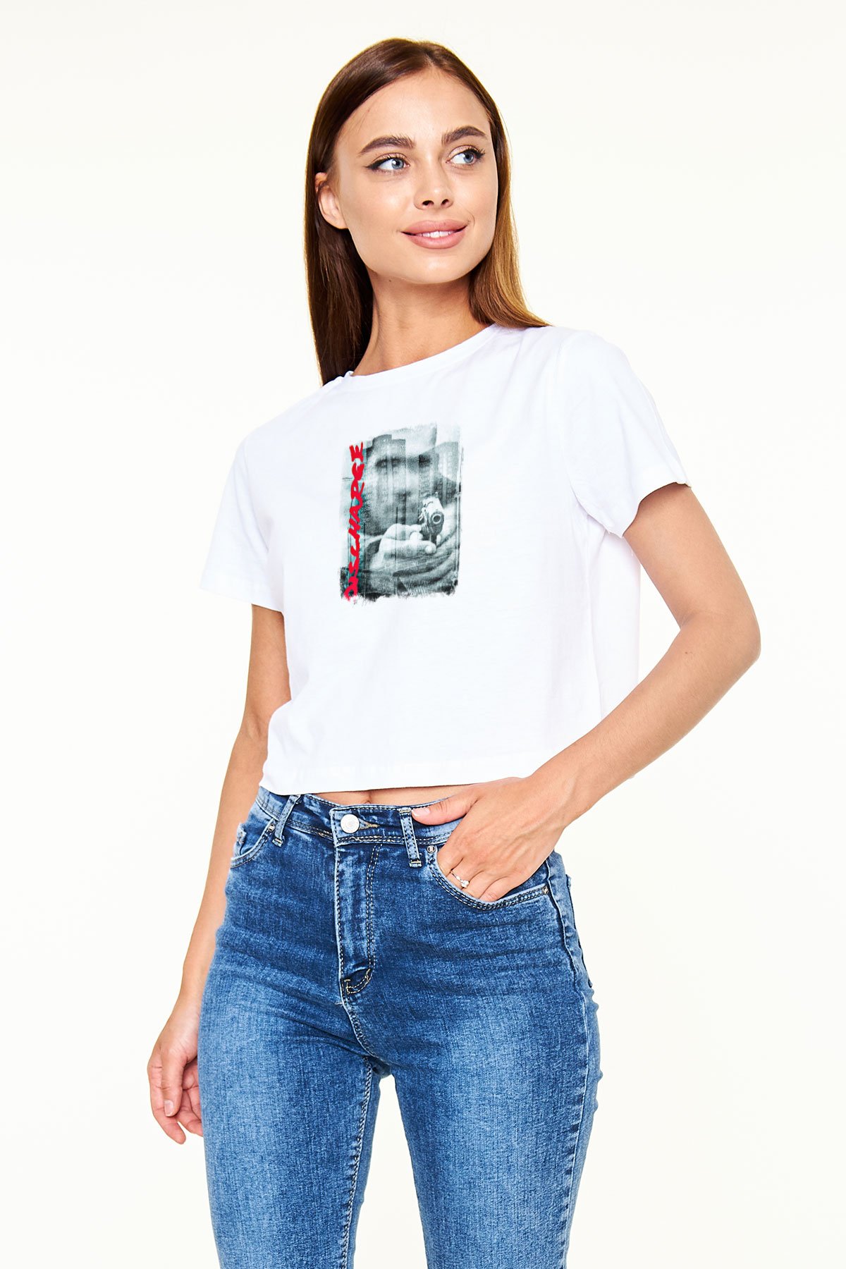 Discharge Baskılı Unisex Beyaz Crop Top Tişört