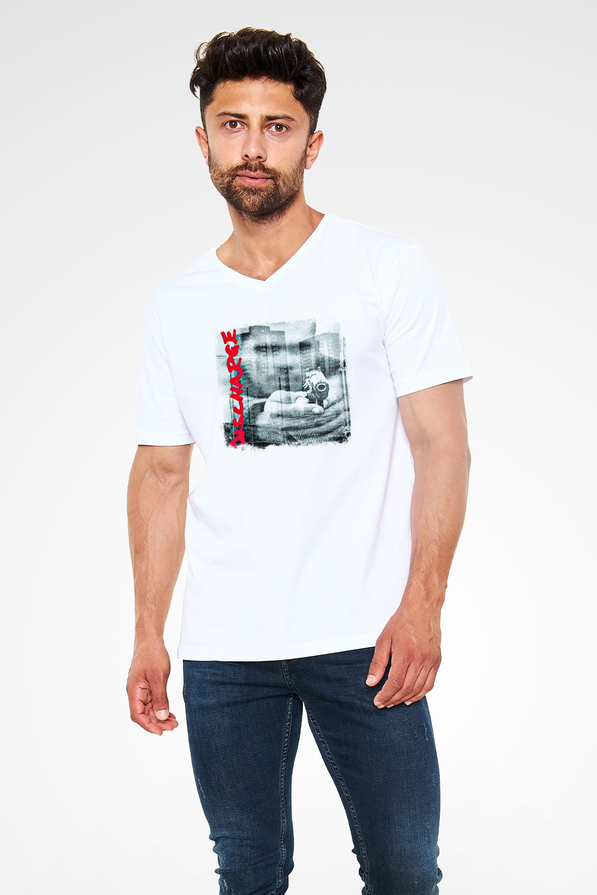 Discharge Baskılı Unisex Beyaz V Yaka Tişört