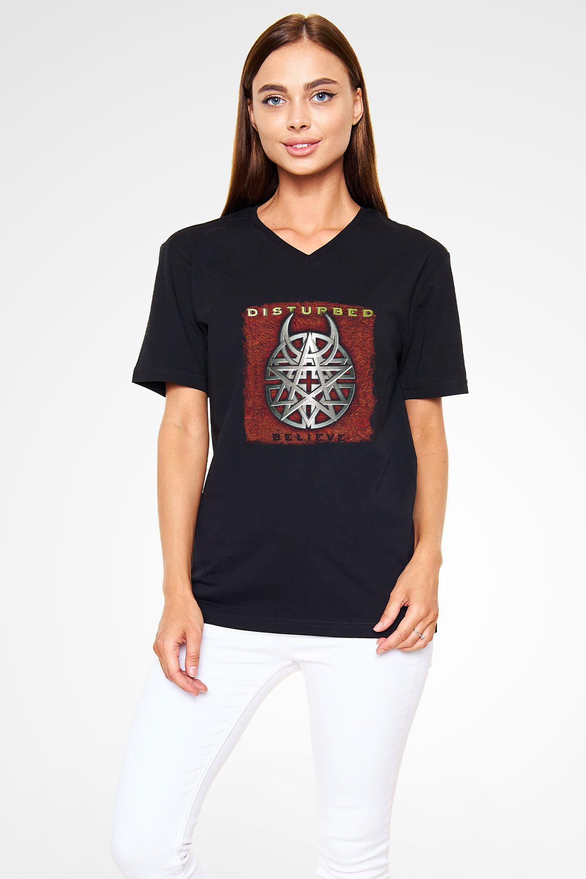 Disturbed Baskılı Unisex Siyah V Yaka Tişört