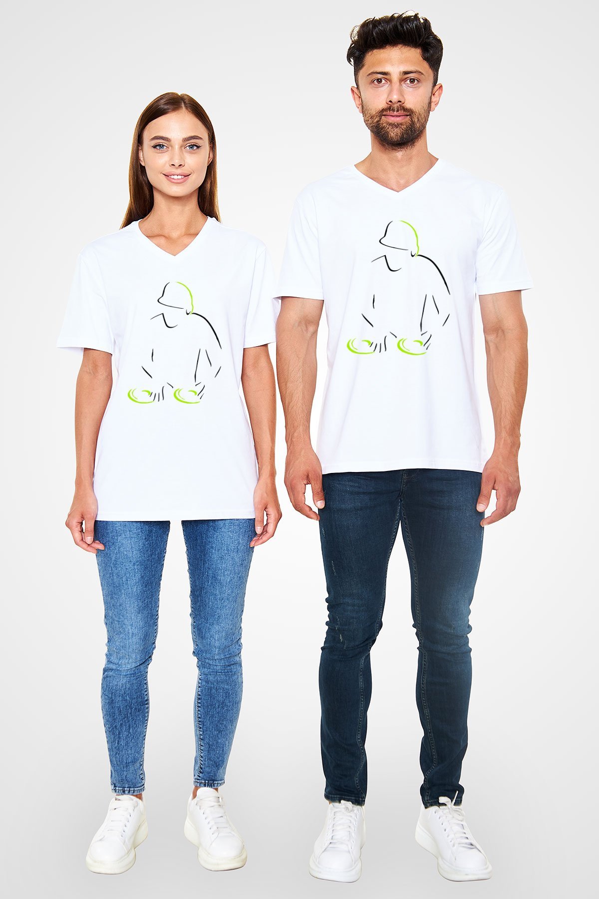DJ Beyaz Unisex V Yaka Tişört T-Shirt