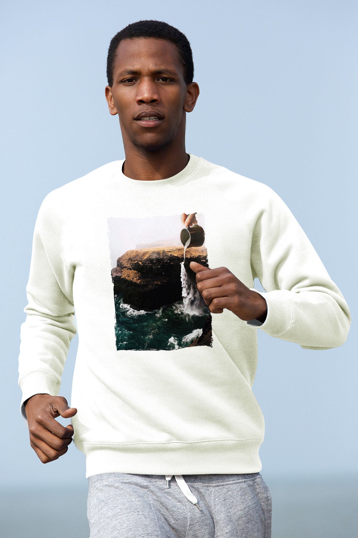 Doğa Manipülasyon Baskılı Unisex Beyaz  Sweatshirt