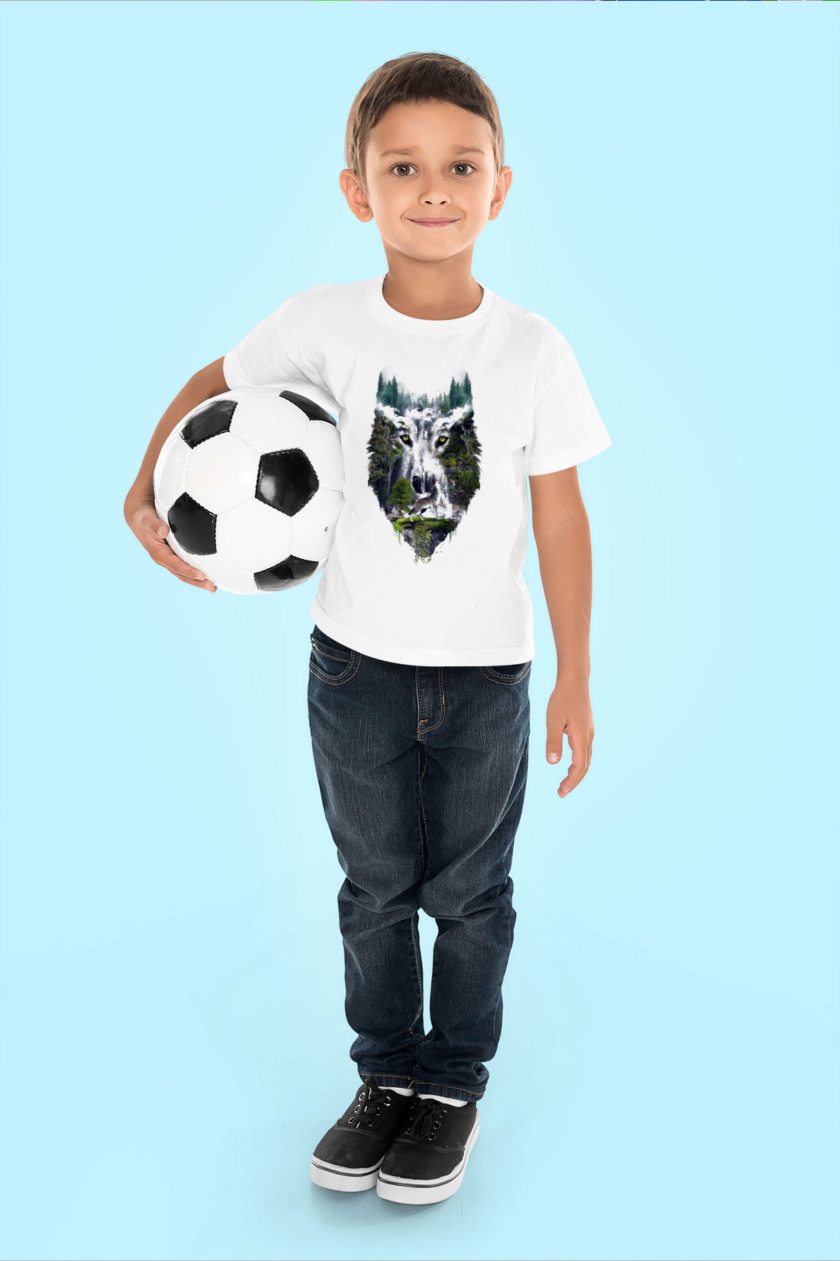 Doğa ve Kurt Baskılı Unisex Beyaz  Çocuk Tişört