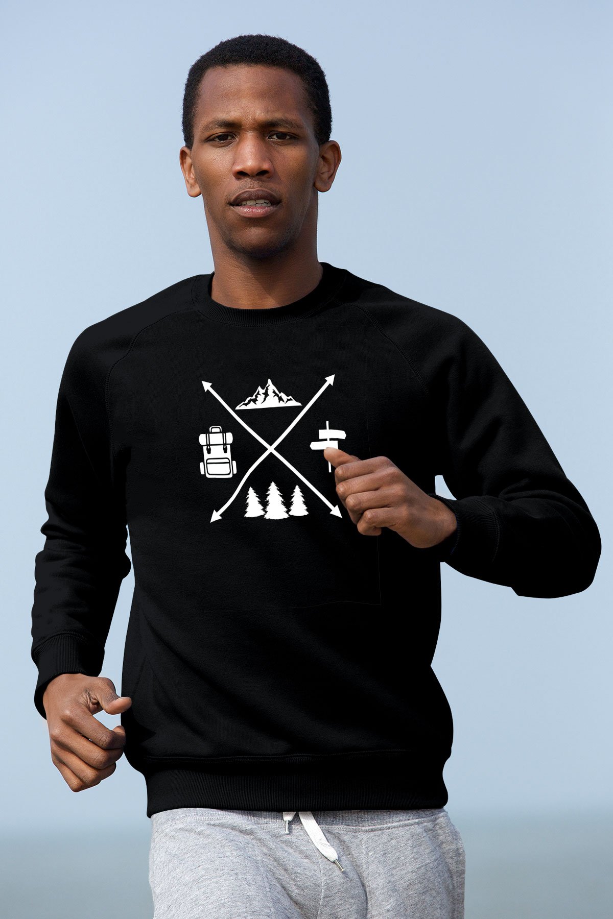Doğa Yürüyüşü - Trekking Baskılı Unisex Siyah Sweatshirt