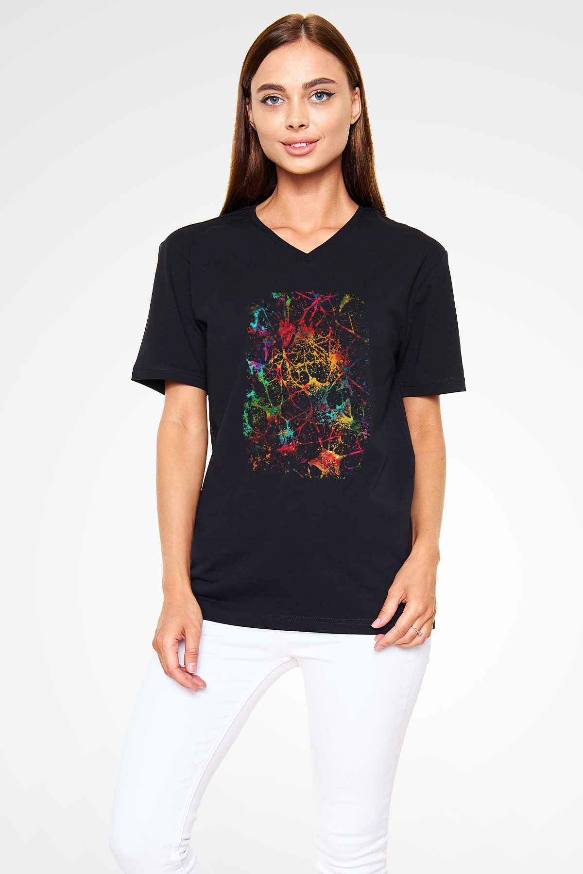 Doğal Ağlar Beyin Baskılı Unisex V Yaka Siyah Tİşört - Tshirt