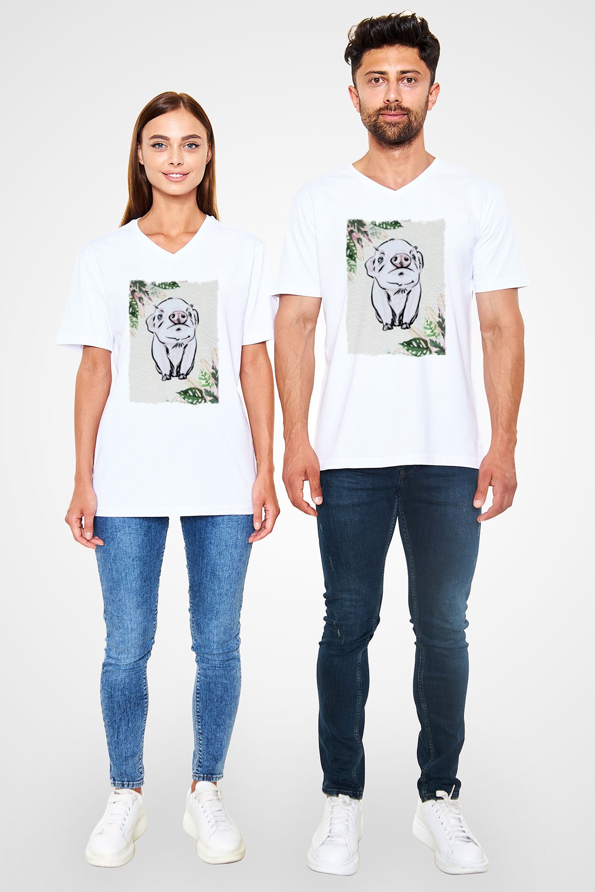 Domuz Beyaz Unisex V Yaka Tişört