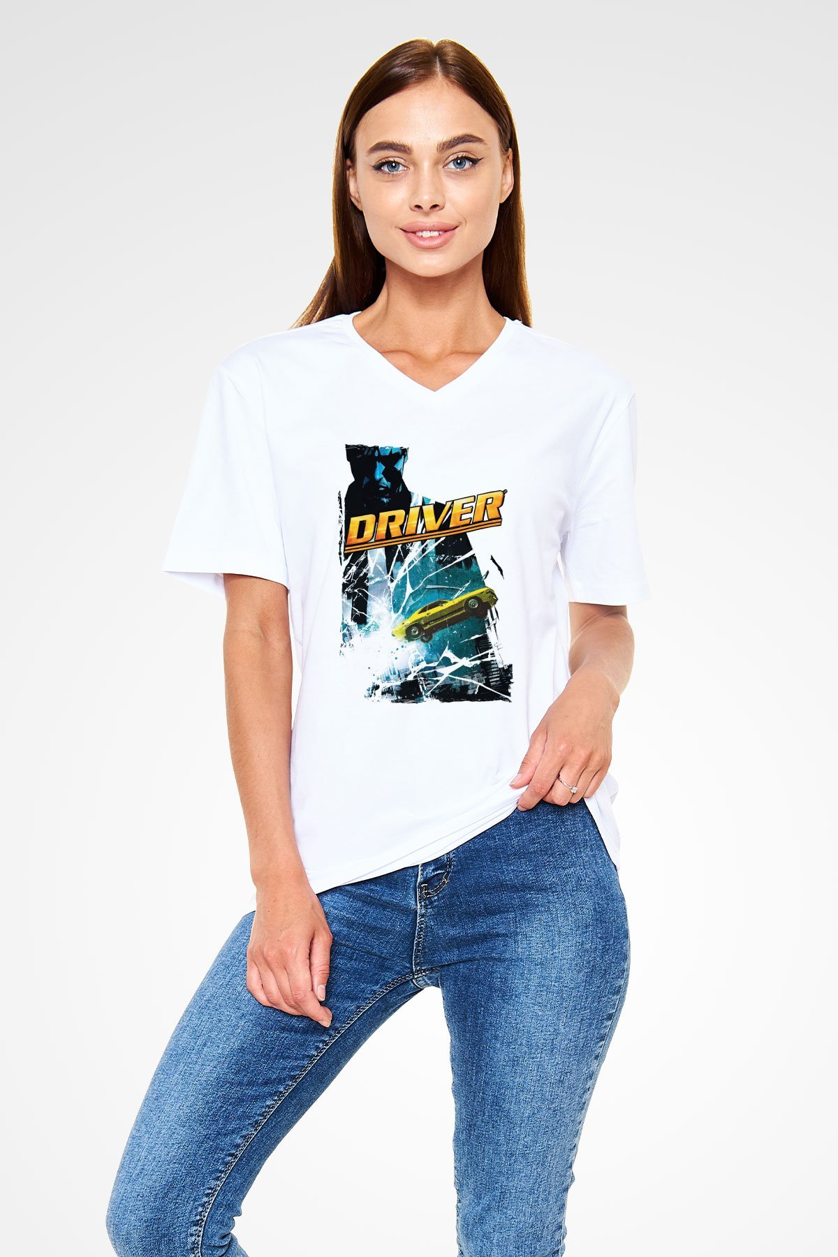 Driver Beyaz Unisex V Yaka Tişört