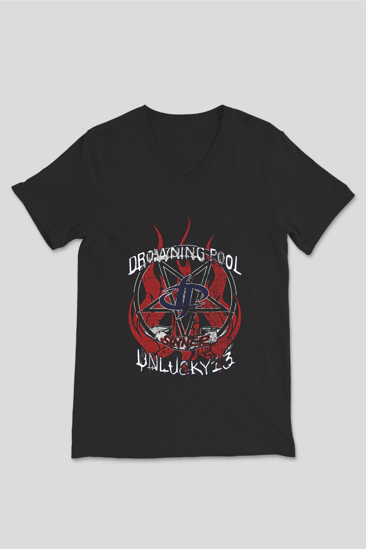 Drowning Pool Baskılı Unisex Siyah V Yaka Tişört - Tshirt