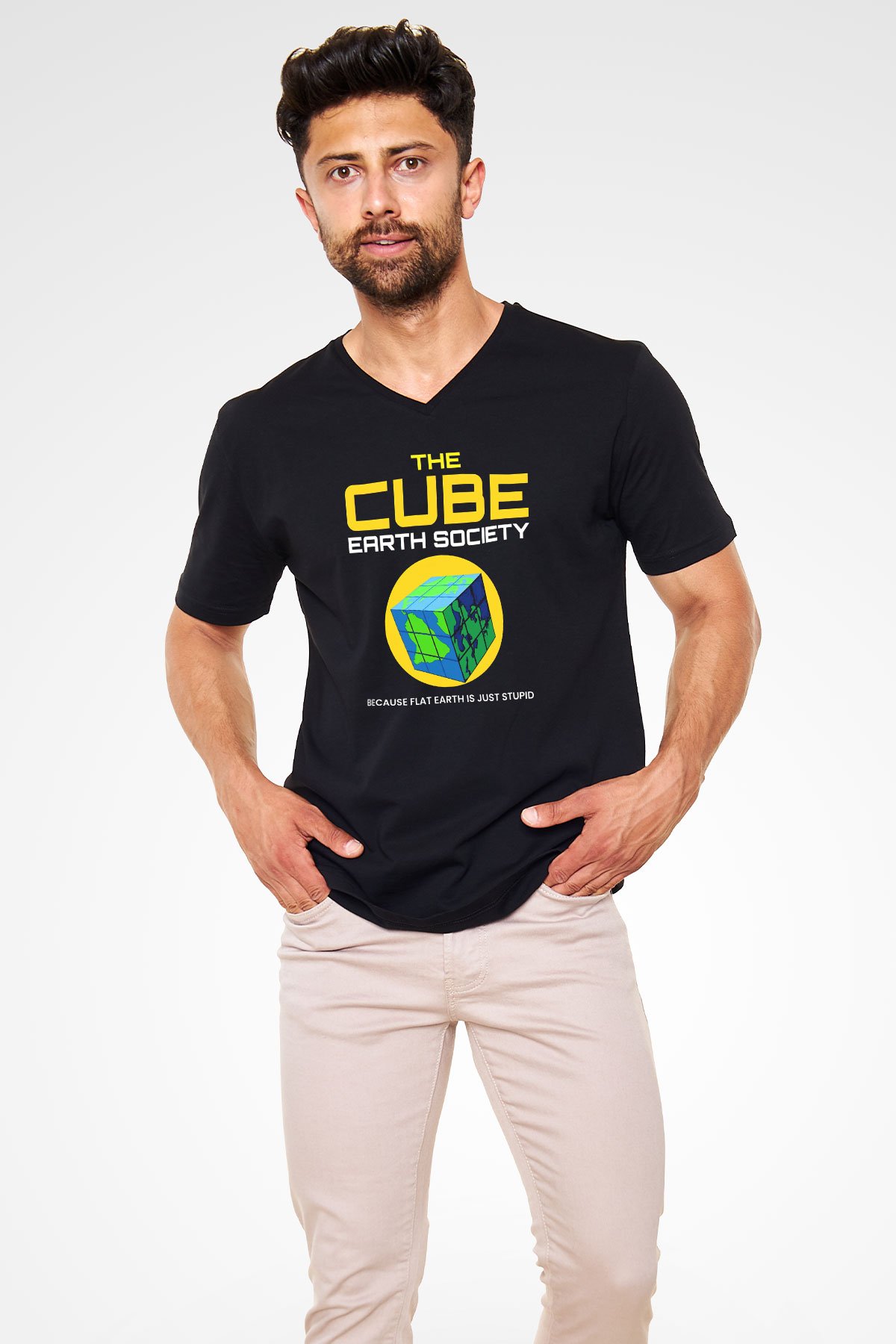 Dünya Küp Baskılı Unisex V Yaka Siyah Tİşört - Tshirt