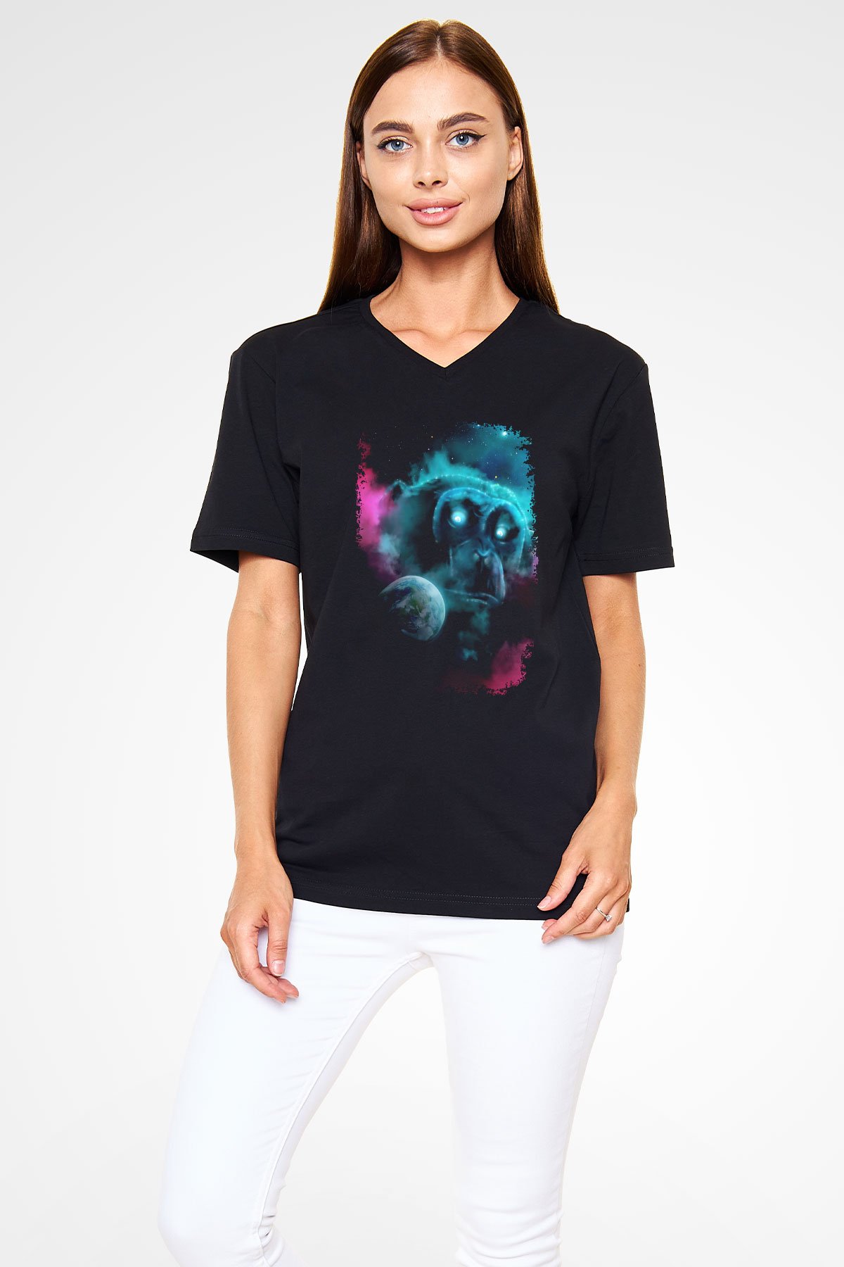 Dünya Maymun Baskılı Unisex V Yaka Siyah Tİşört - Tshirt