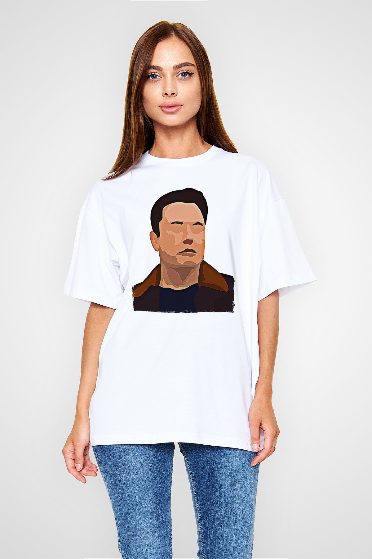 Elon Musk Baskılı Beyaz Unisex Oversize Tişört - Tshirt
