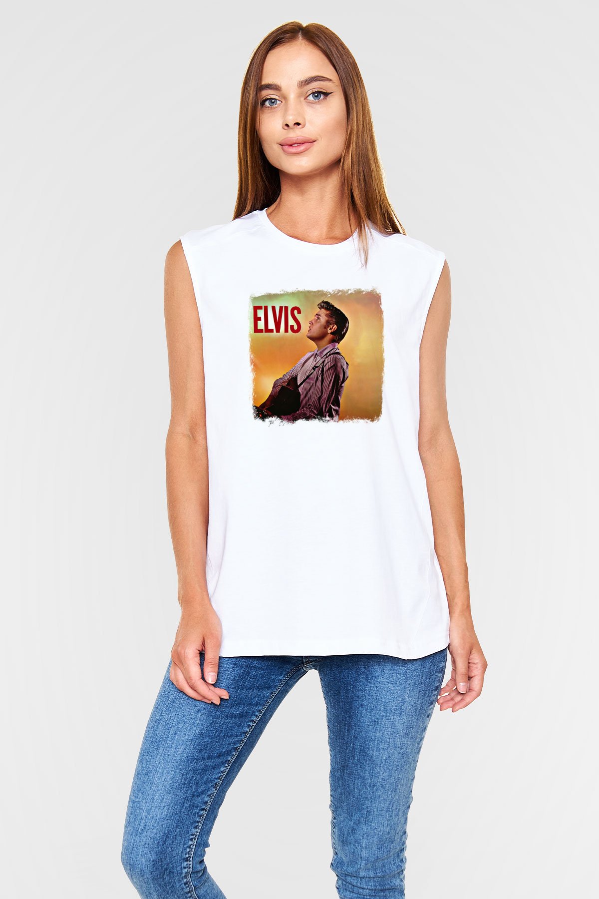 Elvis Presley Baskılı Unisex Beyaz Kolsuz Tişört