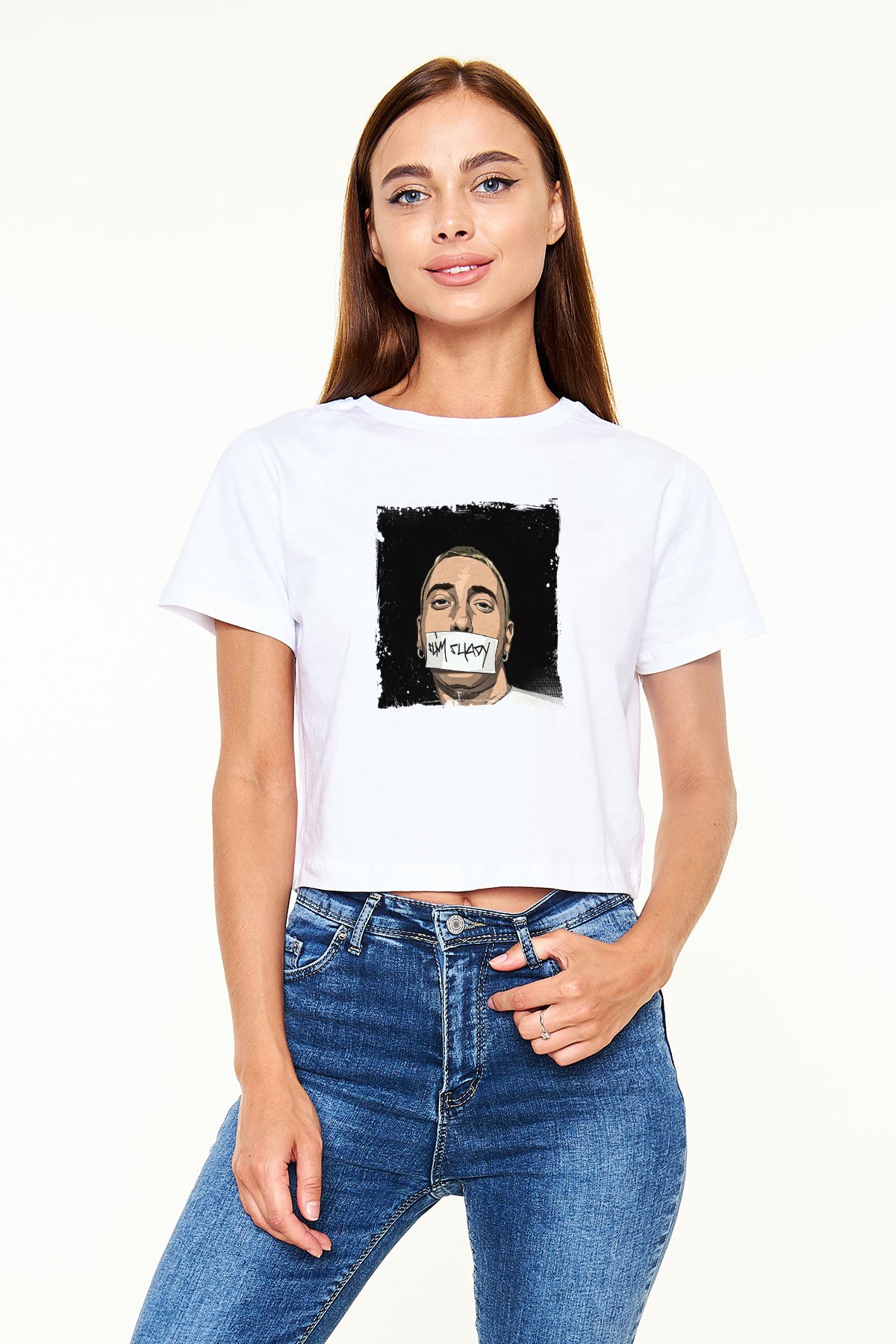 Eminem Baskılı Beyaz Kadın Crop Top Tişört