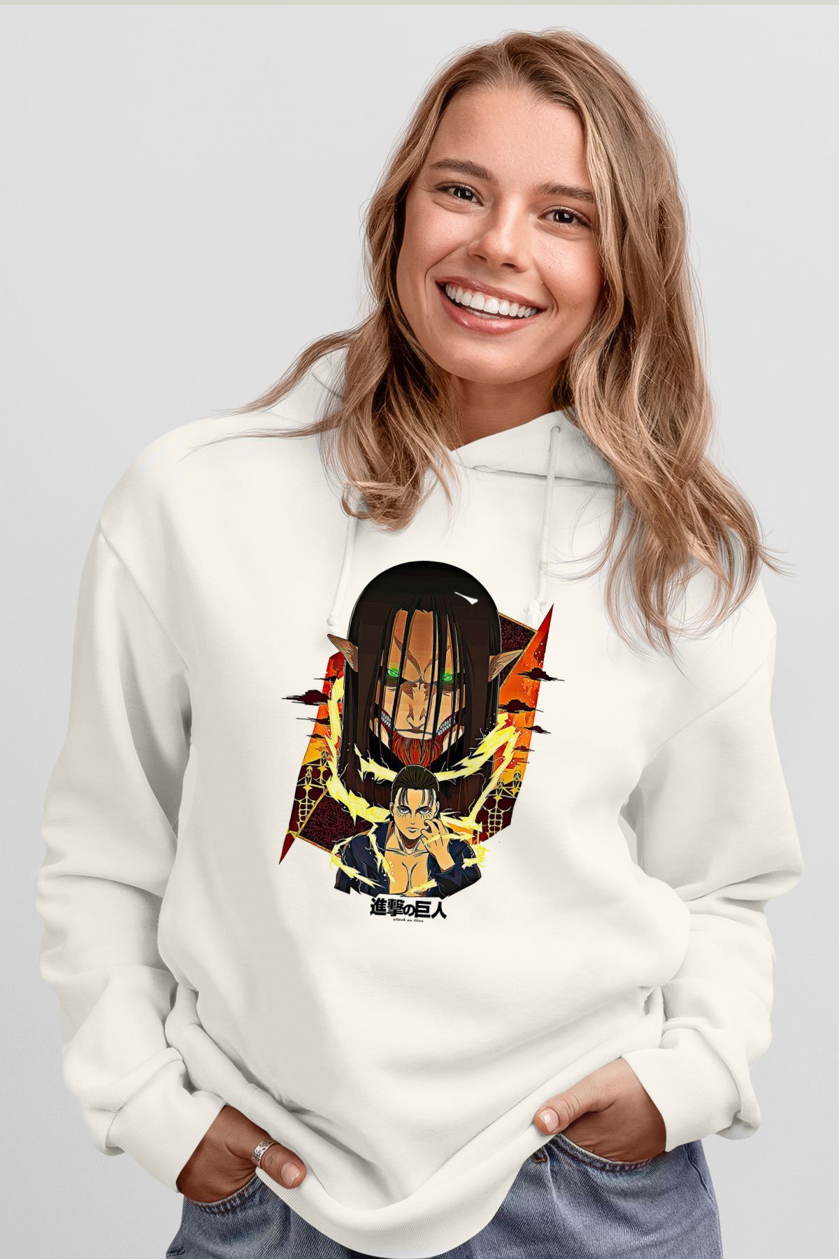 Eren Jaeger Baskılı Beyaz Unisex Hoodie