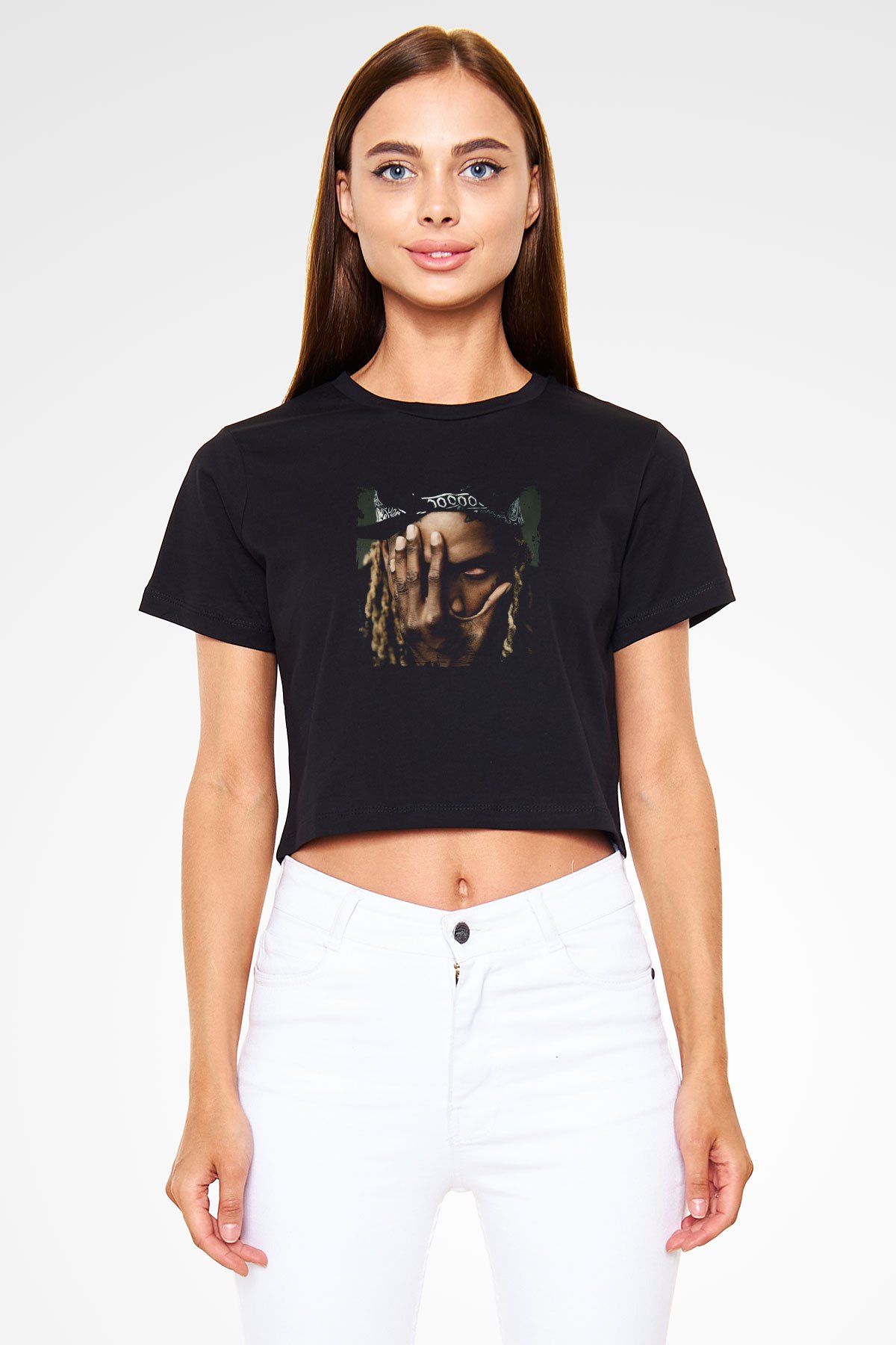Fetty Wap Baskılı Crop Top Siyah Kadın Tişört