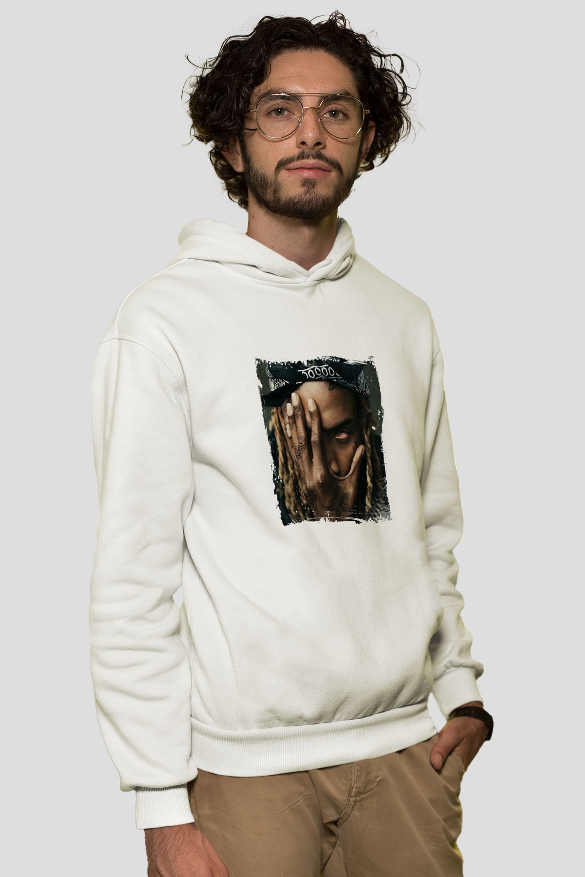 Fetty Wap Baskılı Unisex Beyaz Kapüşonlu Sweatshirt