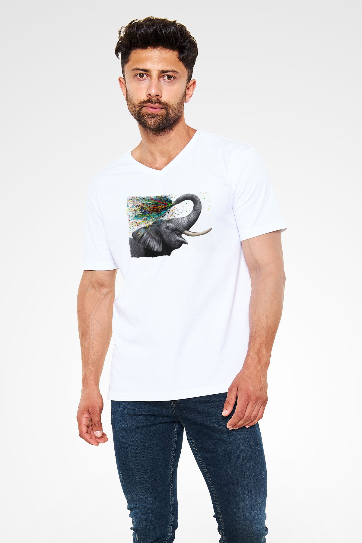 Fil Beyaz Unisex V Yaka Tişört