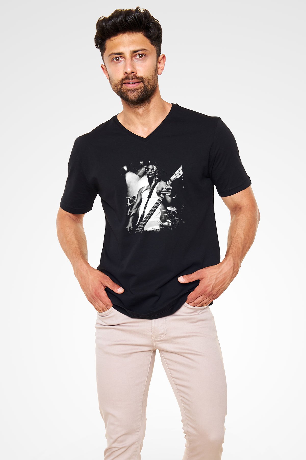 Fishbone Baskılı Unisex Siyah V Yaka Tişört