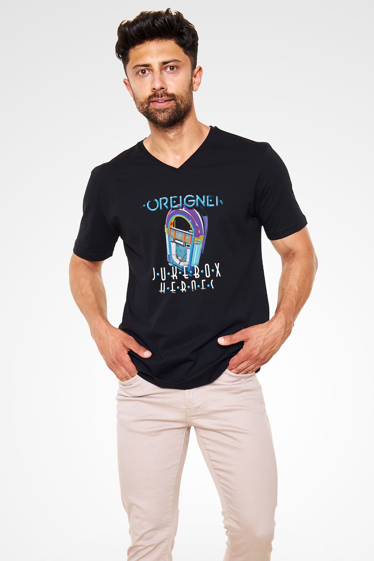 Foreigner Baskılı Unisex Siyah V Yaka Tişört