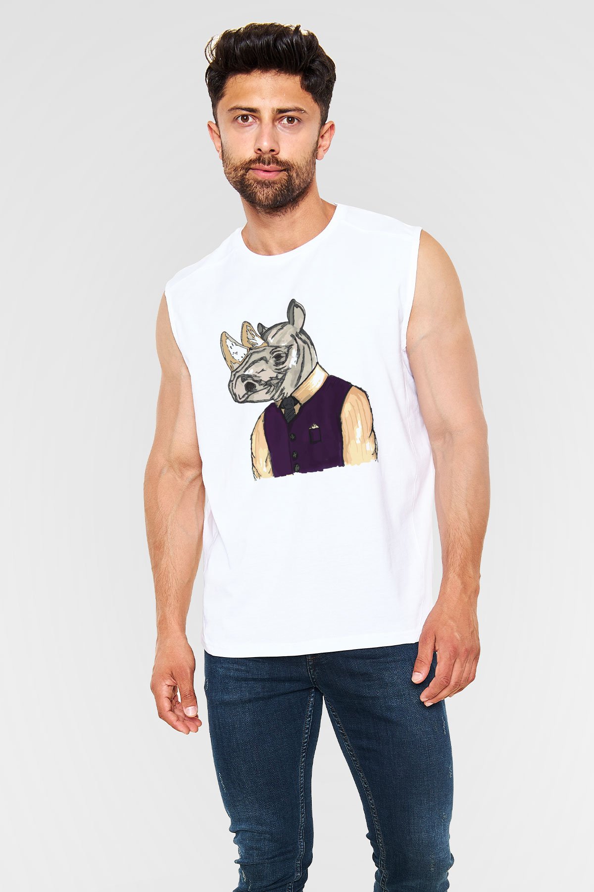 Gergedan Beyaz Unisex Kolsuz Tişört