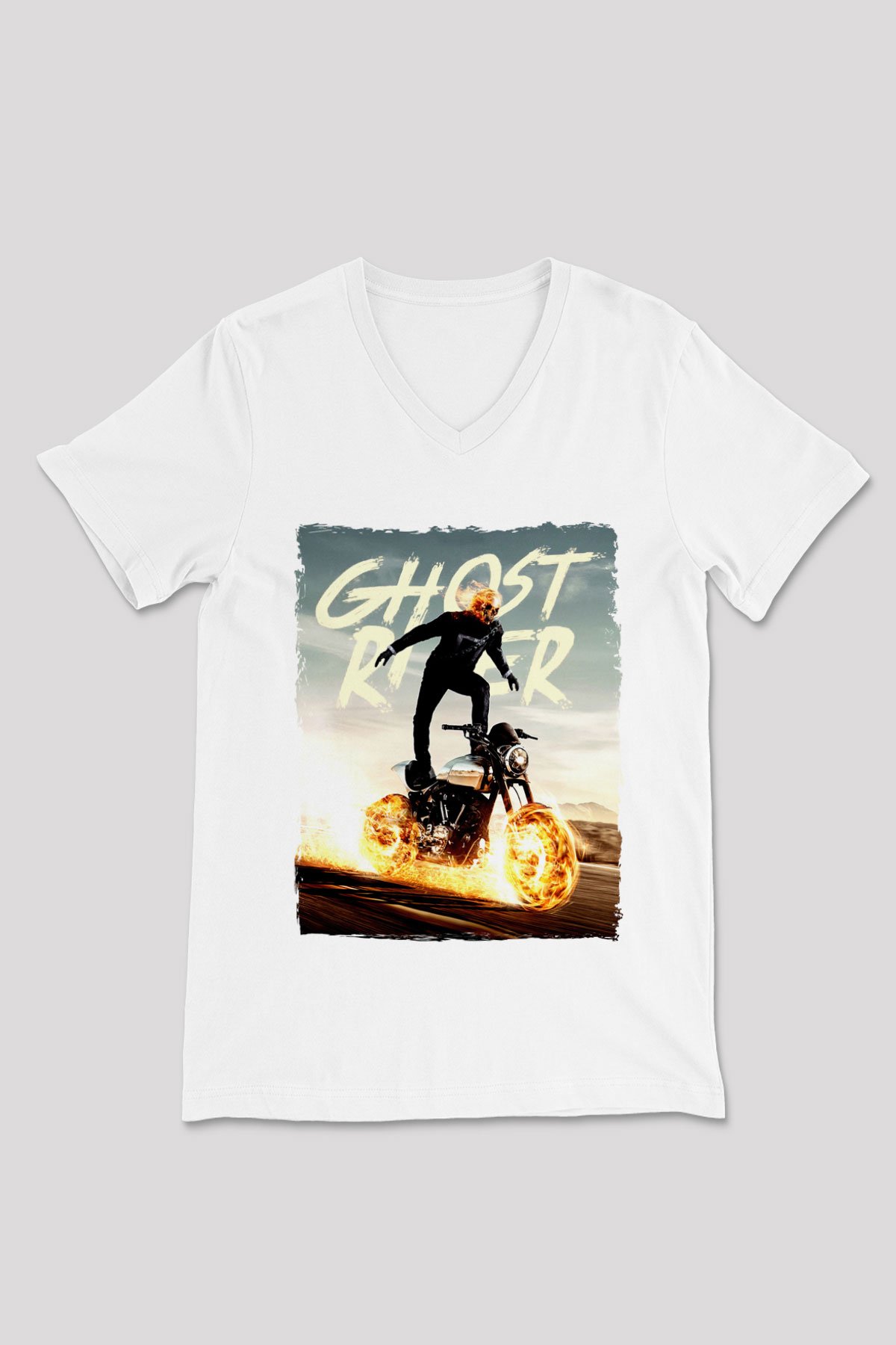 Ghost Rider Hayalet Sürücü Beyaz Unisex  V Yaka Tişört