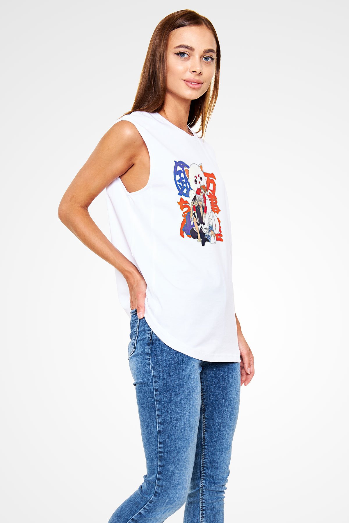 Gintama Baskılı Beyaz Unisex Kolsuz Tişört - Tshirt