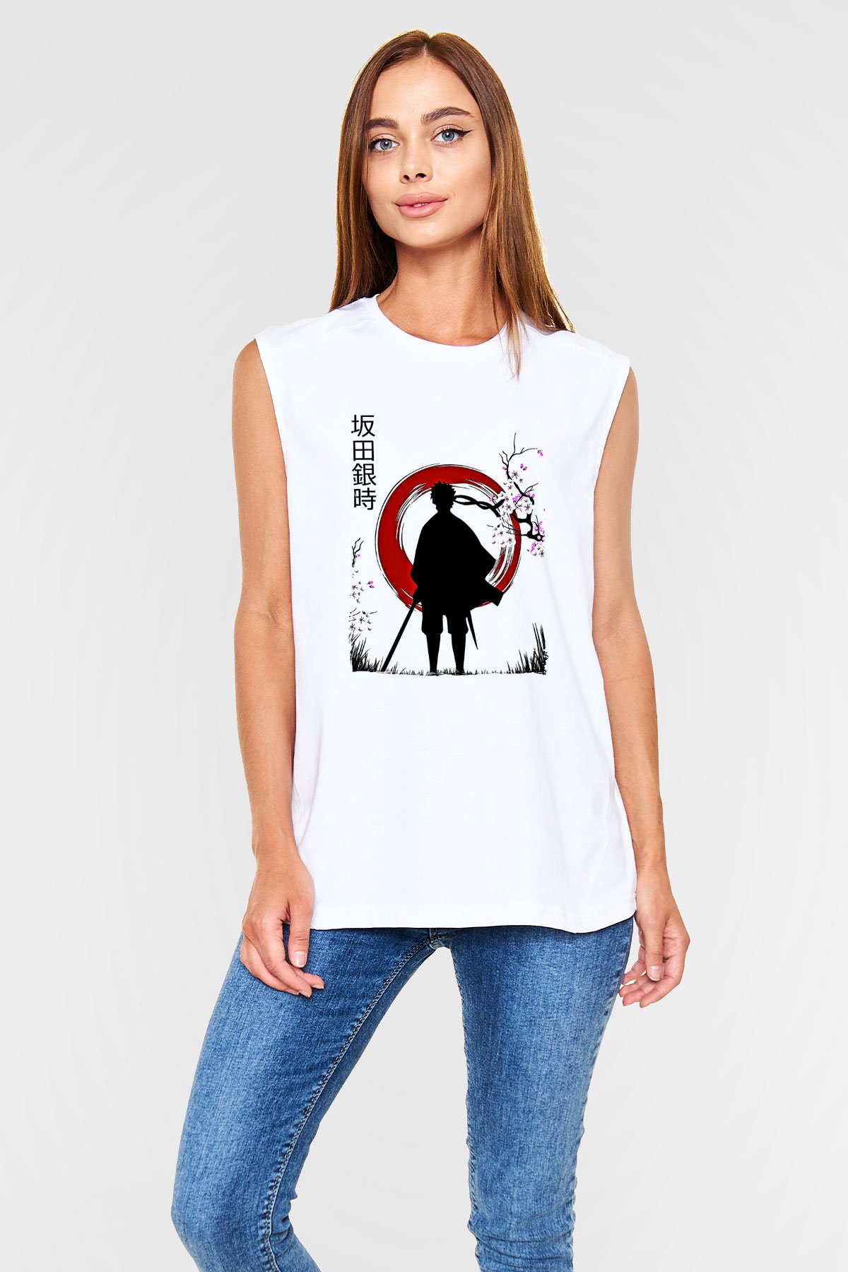 Gintama Baskılı Beyaz Unisex Kolsuz Tişört - Tshirt