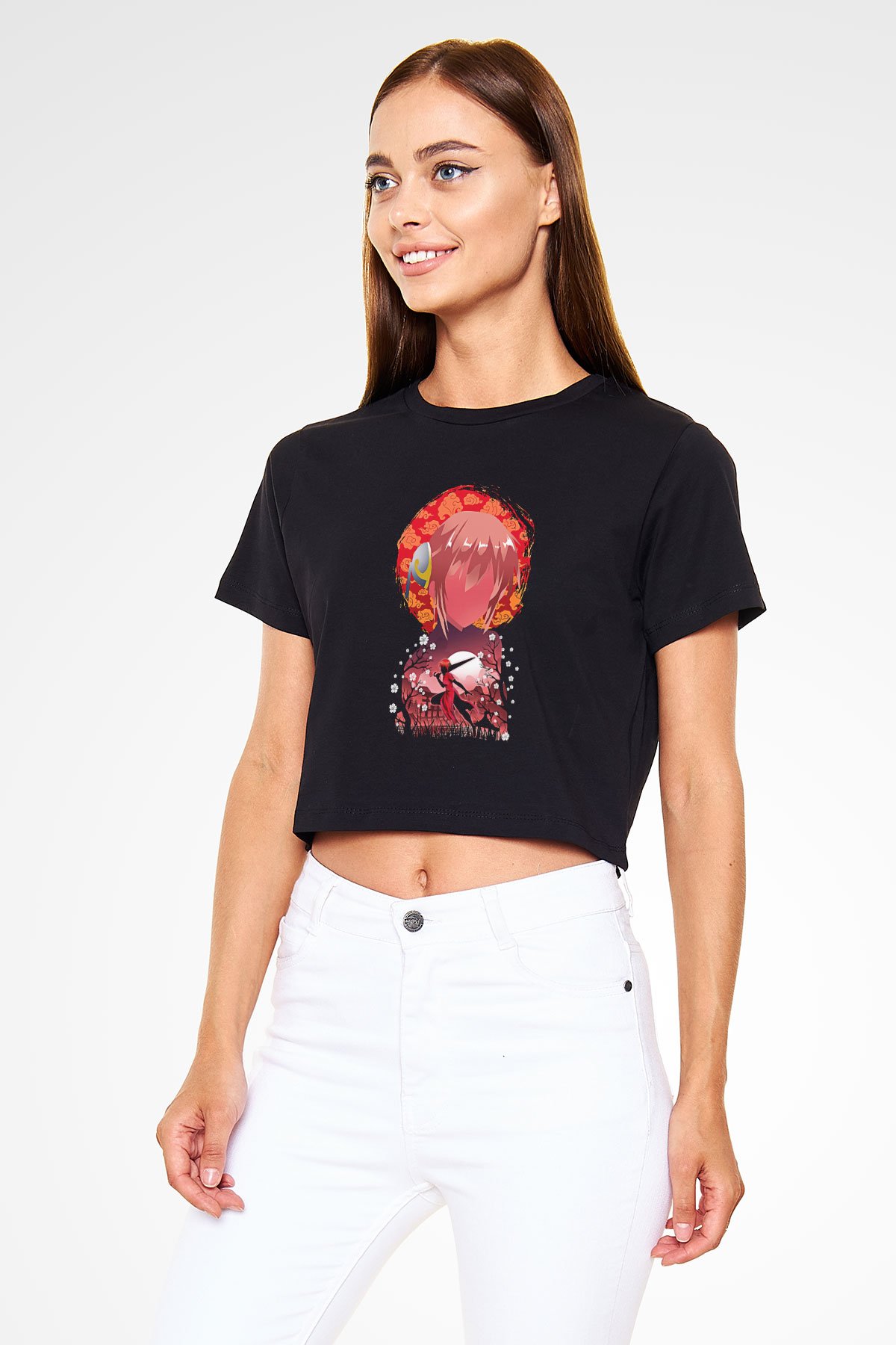 Gintama Baskılı Siyah Crop Top Kadın Tişört - Tshirt