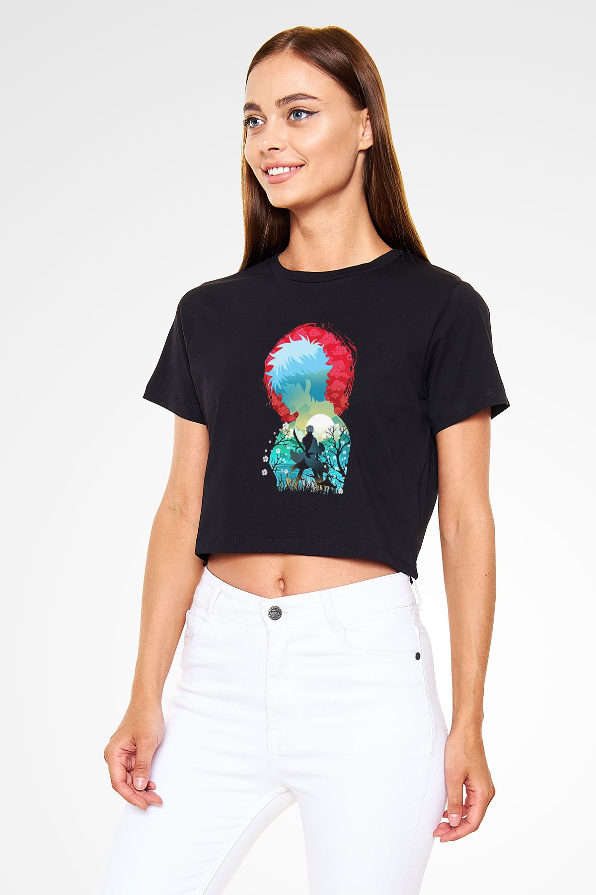 Gintama Baskılı Siyah Crop Top Kadın Tişört - Tshirt