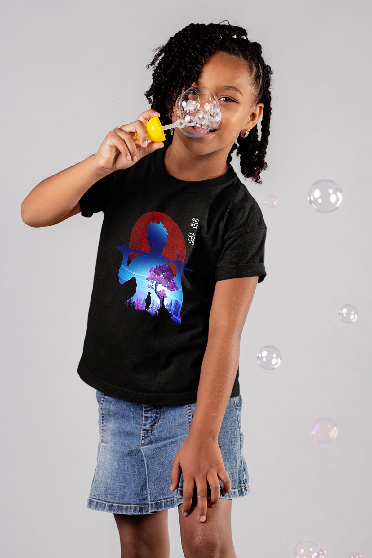 Gintama Baskılı Unisex Siyah Çocuk Tişört - Tshirt