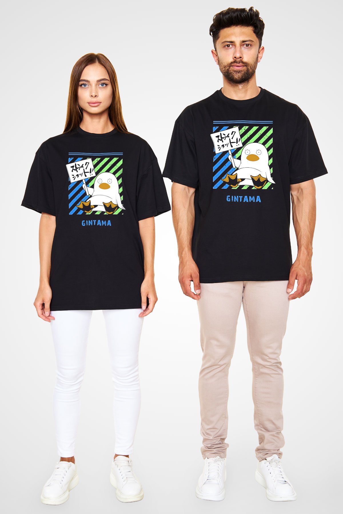 Gintama Baskılı Unisex Siyah Oversize Tişört - Tshirt