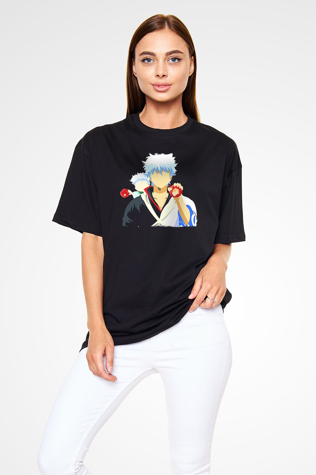 Gintama Baskılı Unisex Siyah Oversize Tişört - Tshirt