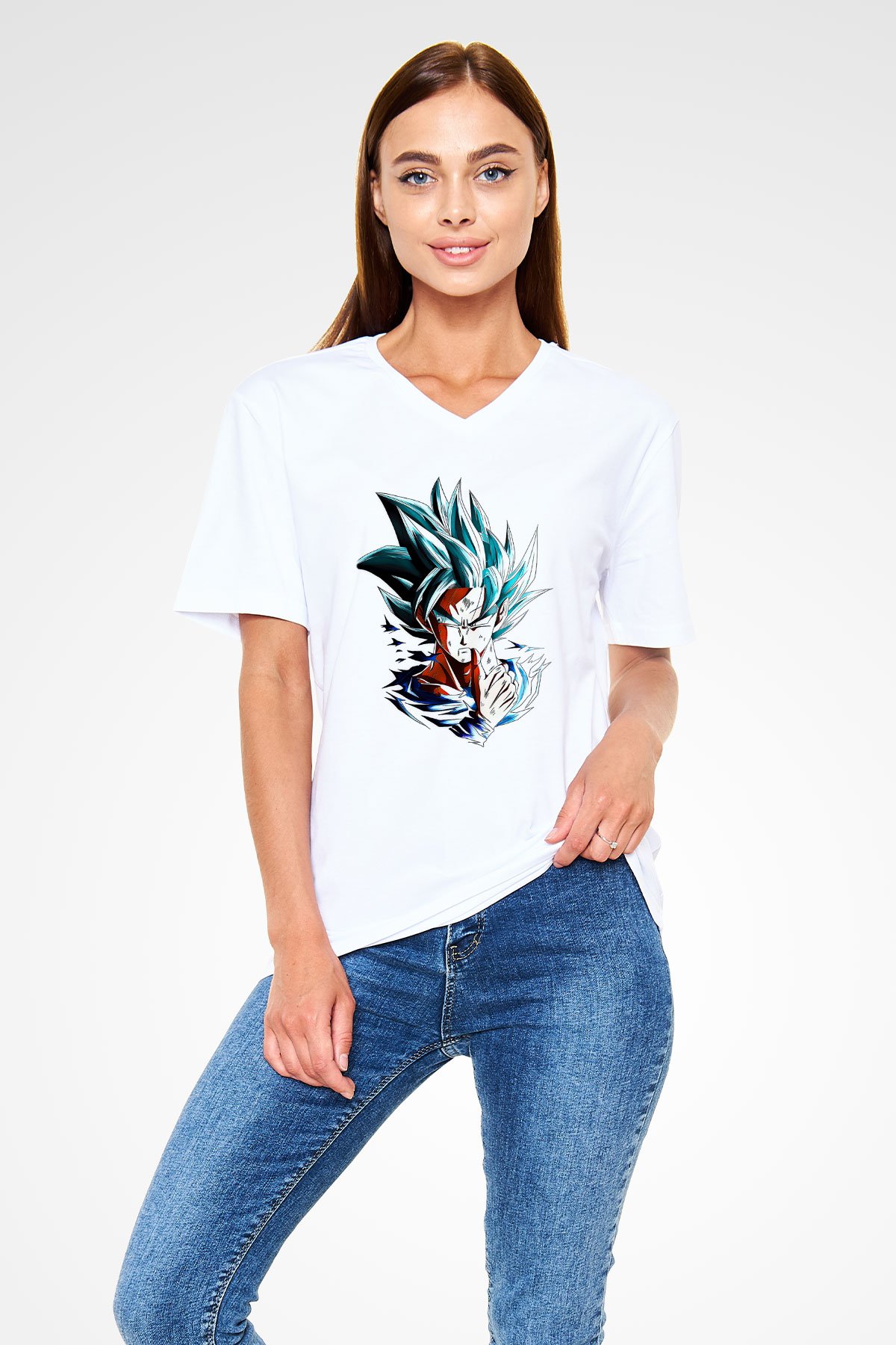 Goku Baskılı Beyaz Unisex V Yaka Tişört - Tshirt