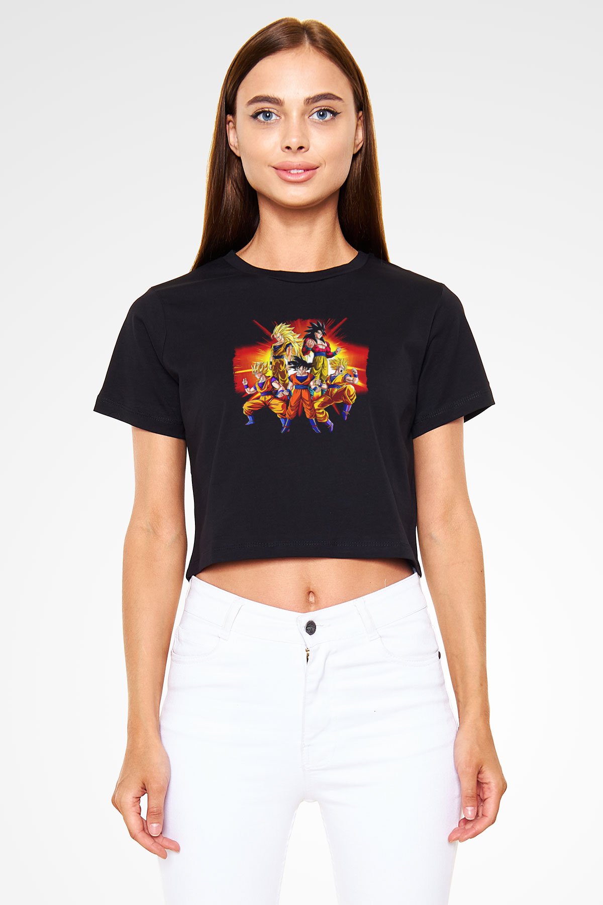 Goku Baskılı Siyah Crop Top Kadın Tişört - Tshirt