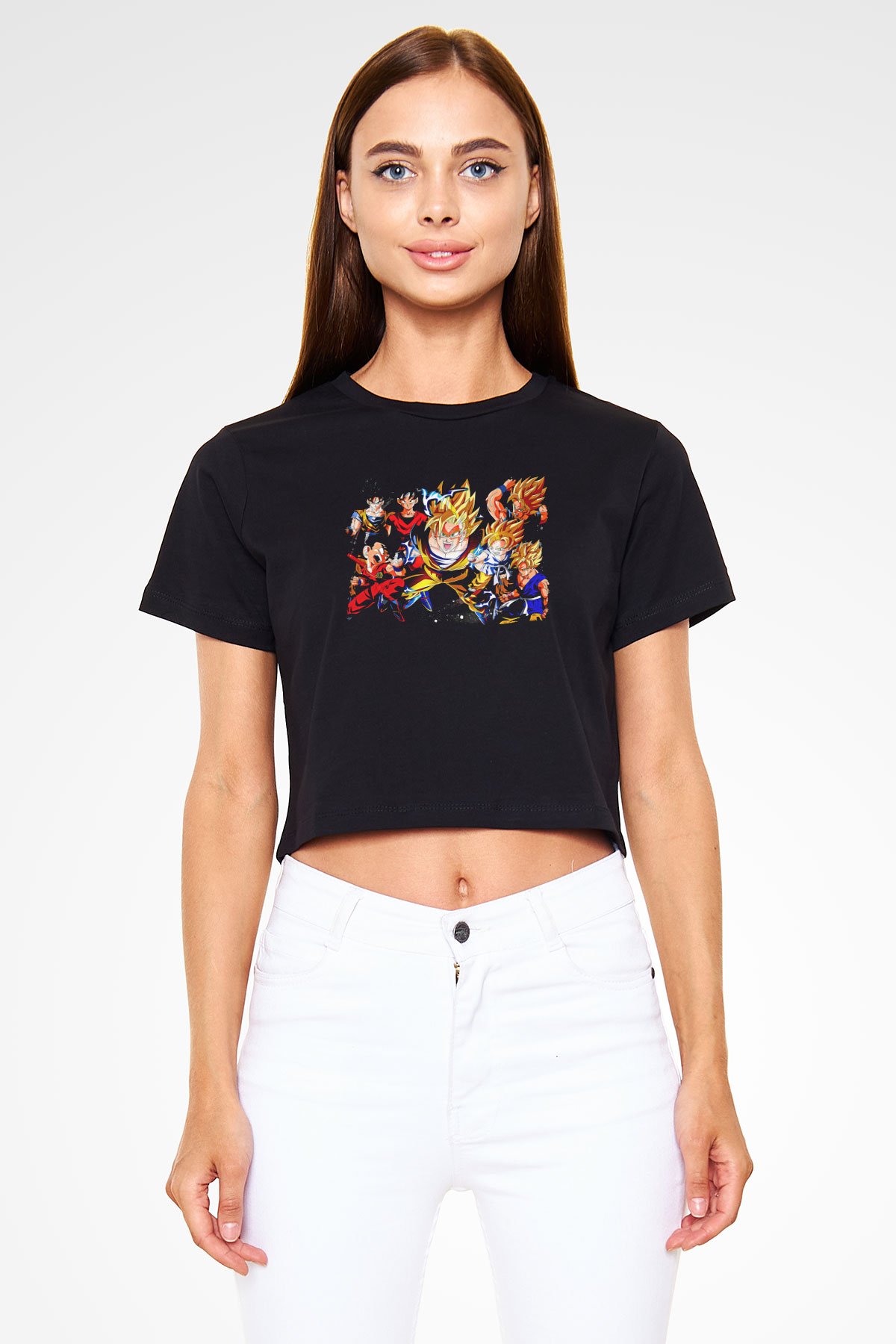 Goku Baskılı Siyah Crop Top Kadın Tişört - Tshirt