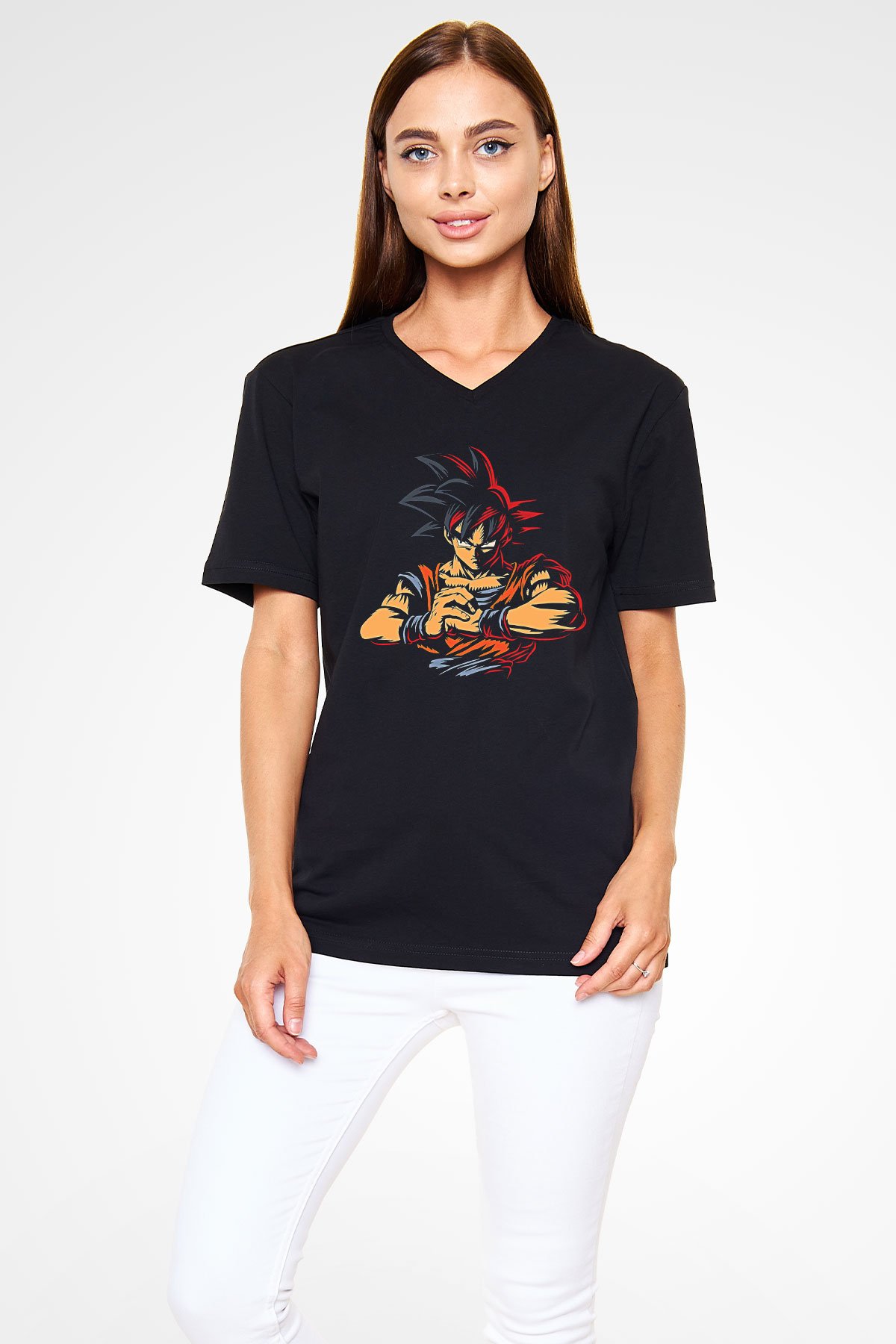 Goku Baskılı Unisex Siyah V Yaka Tişört - Tshirt