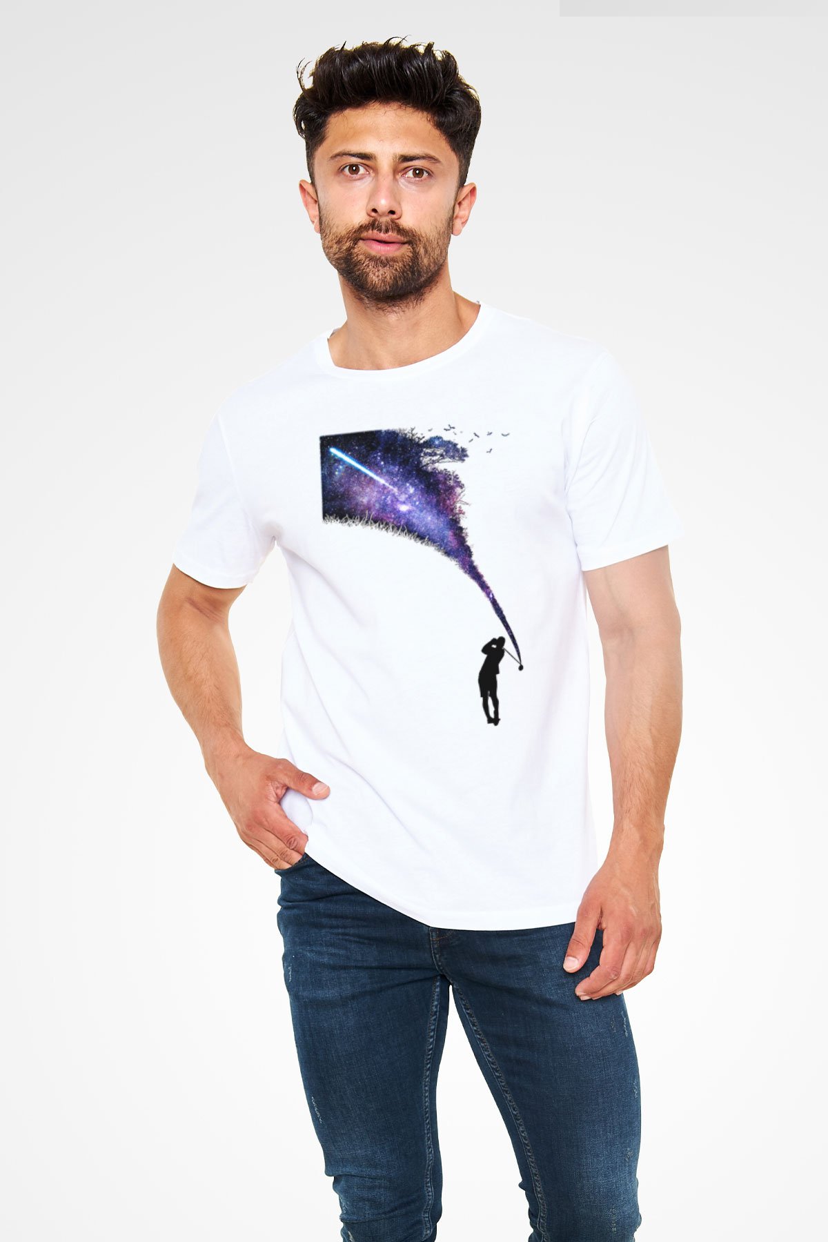 Golf Baskılı Unisex Beyaz Tişört - Tshirt
