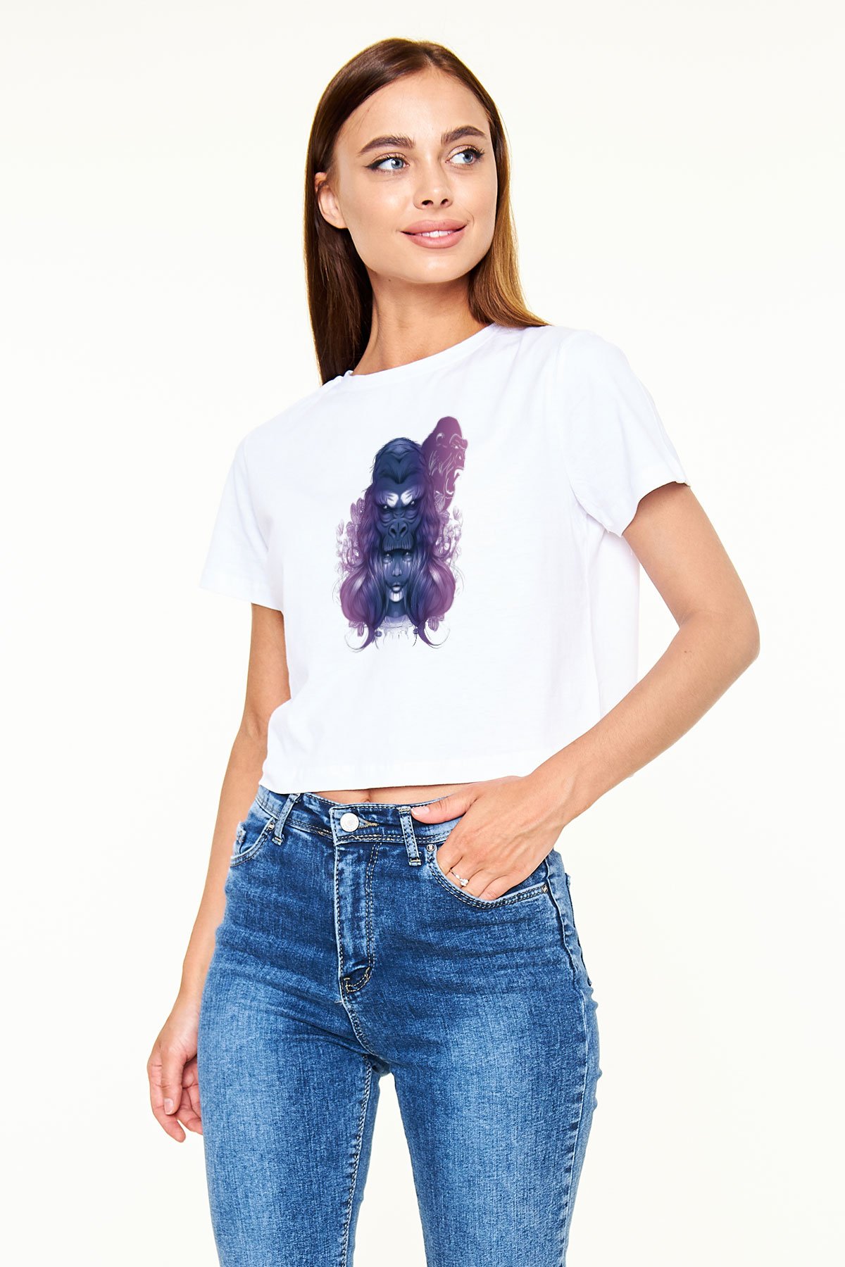 Goril Beyaz  Crop Top Tişört
