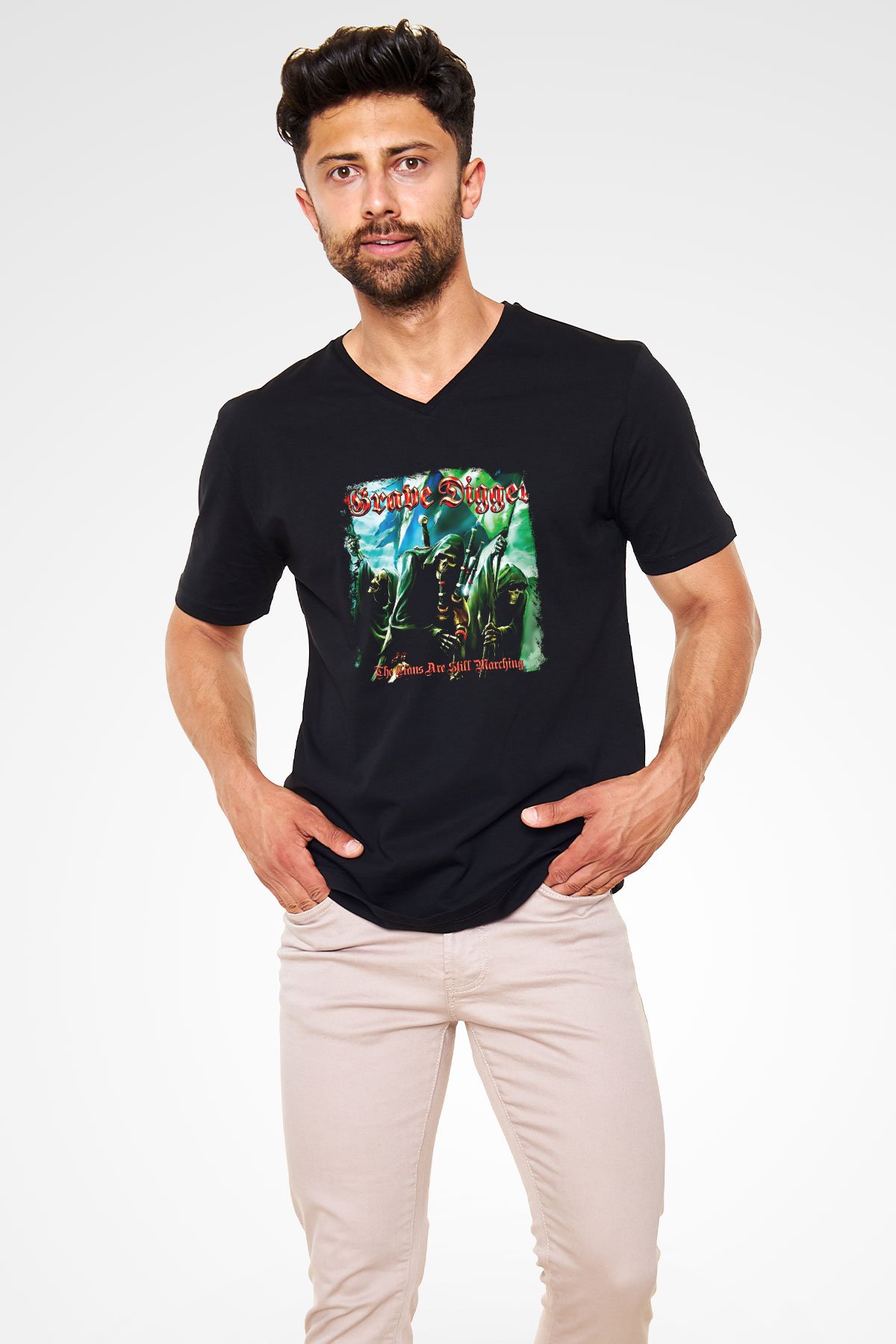 Grave Digger Baskılı Unisex Siyah V Yaka Tişört