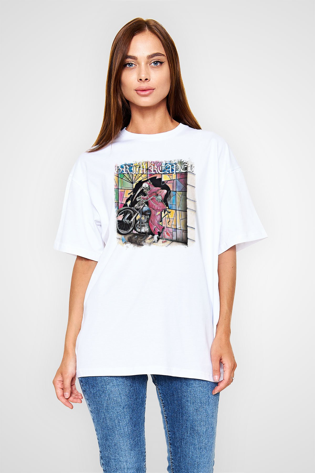Grim Reaper Baskılı Unisex Beyaz Oversize Tişört