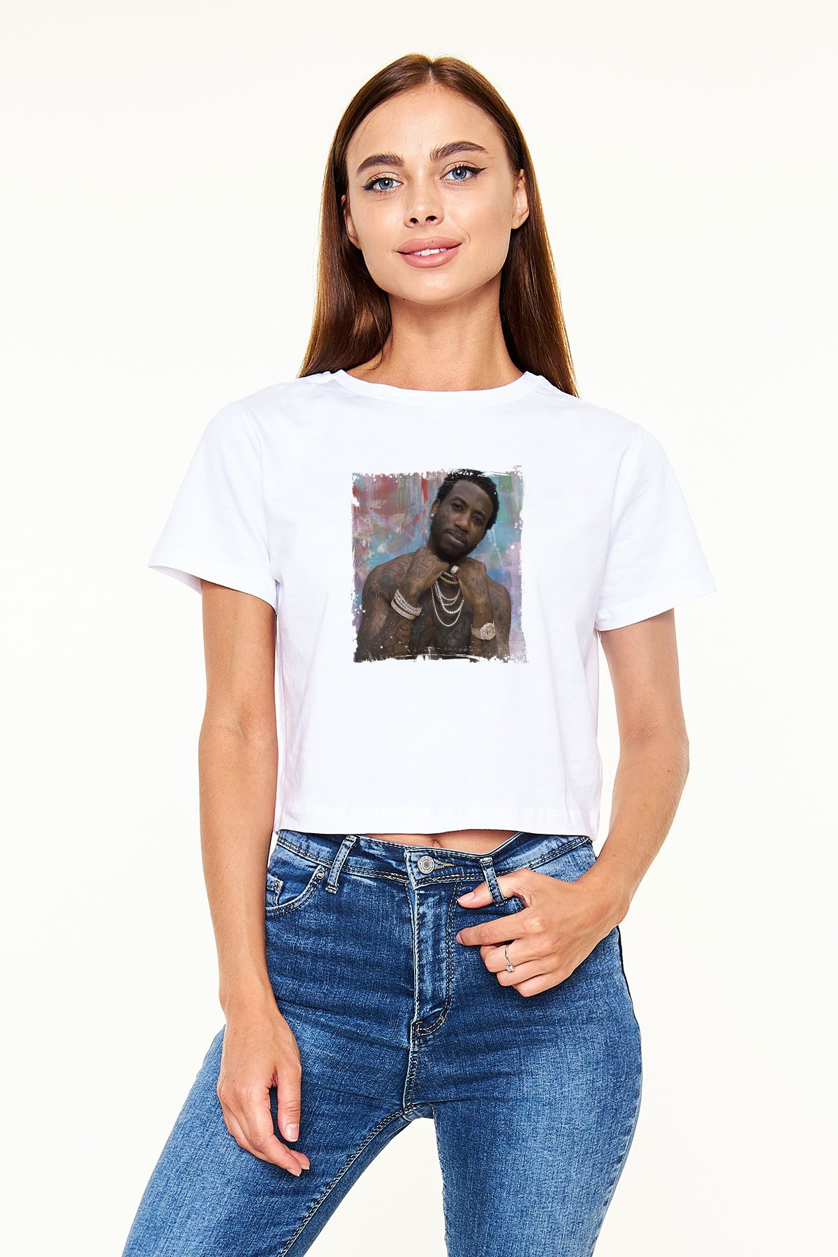 Gucci Mane Baskılı Beyaz Kadın Crop Top Tişört