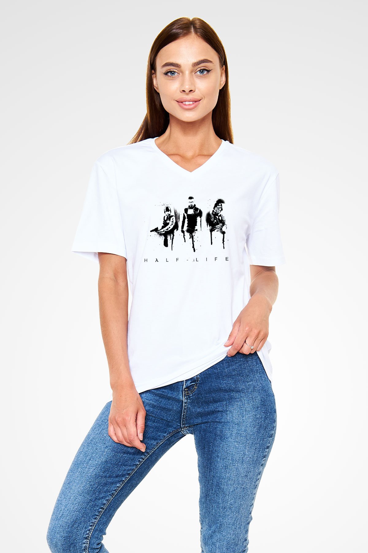 Half-Life Beyaz Unisex V Yaka Tişört T-Shirt