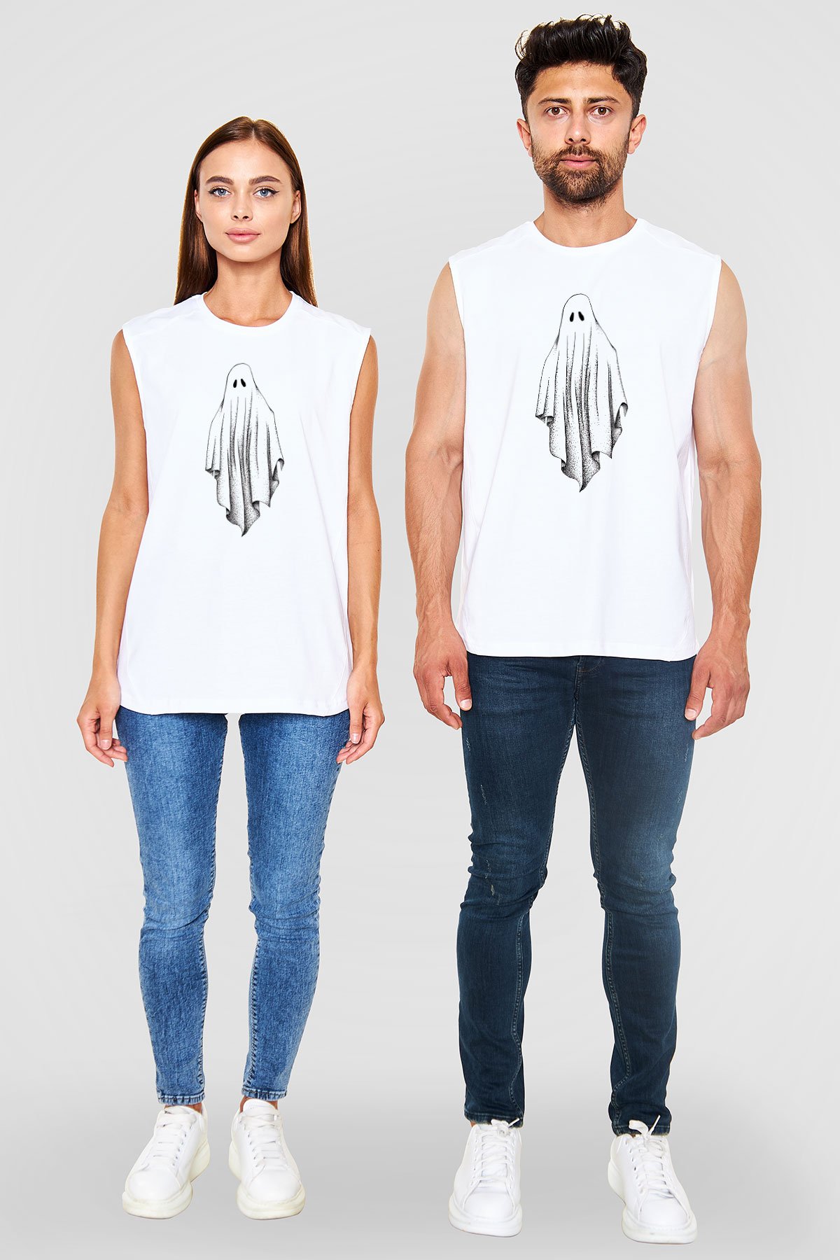 Halloween Baskılı Beyaz Unisex Kolsuz Tişört - Tshirt